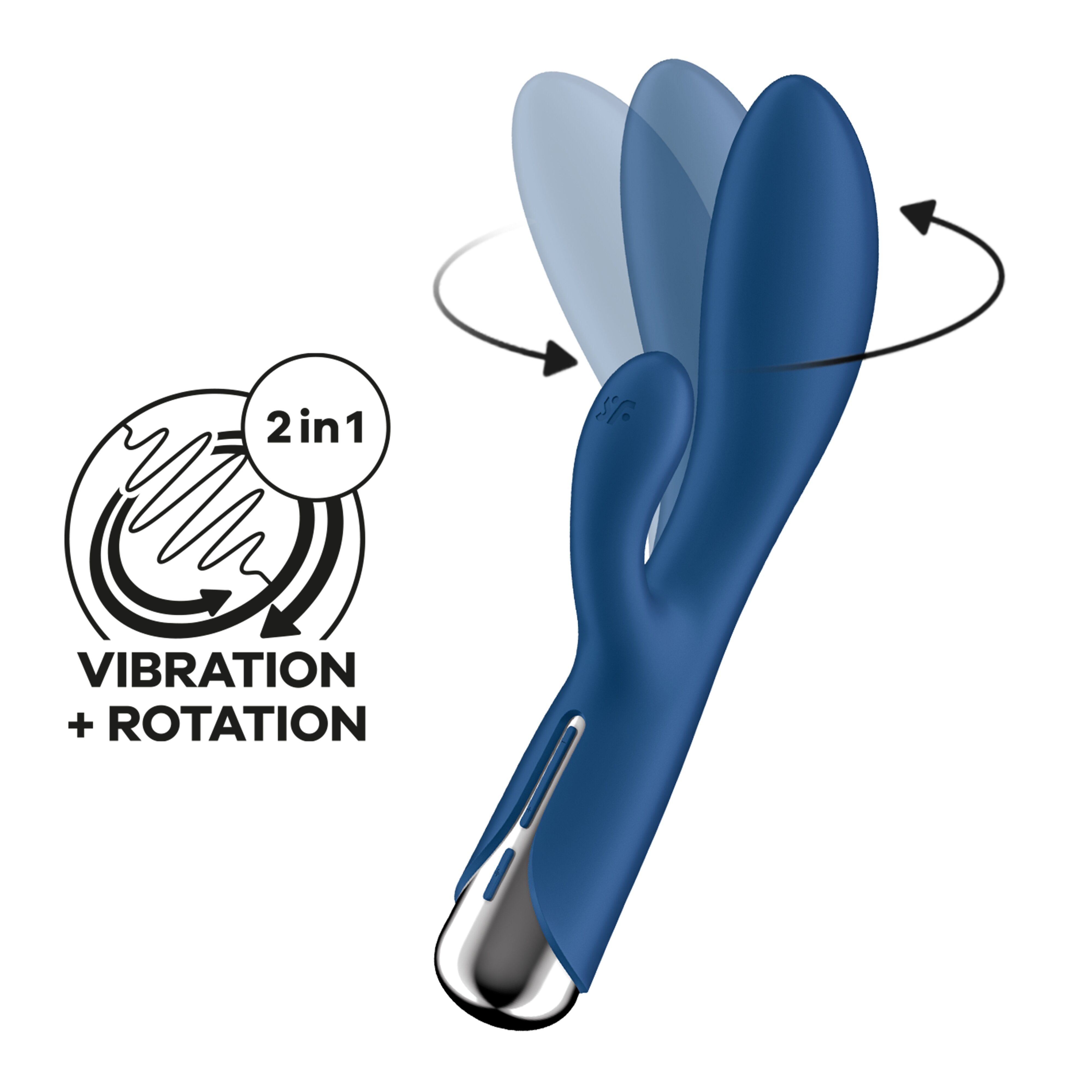 Blauer Vibrator mit gebogener Form und einem zusätzlichen Aufsatz. Illustration von Vibration und Rotation.