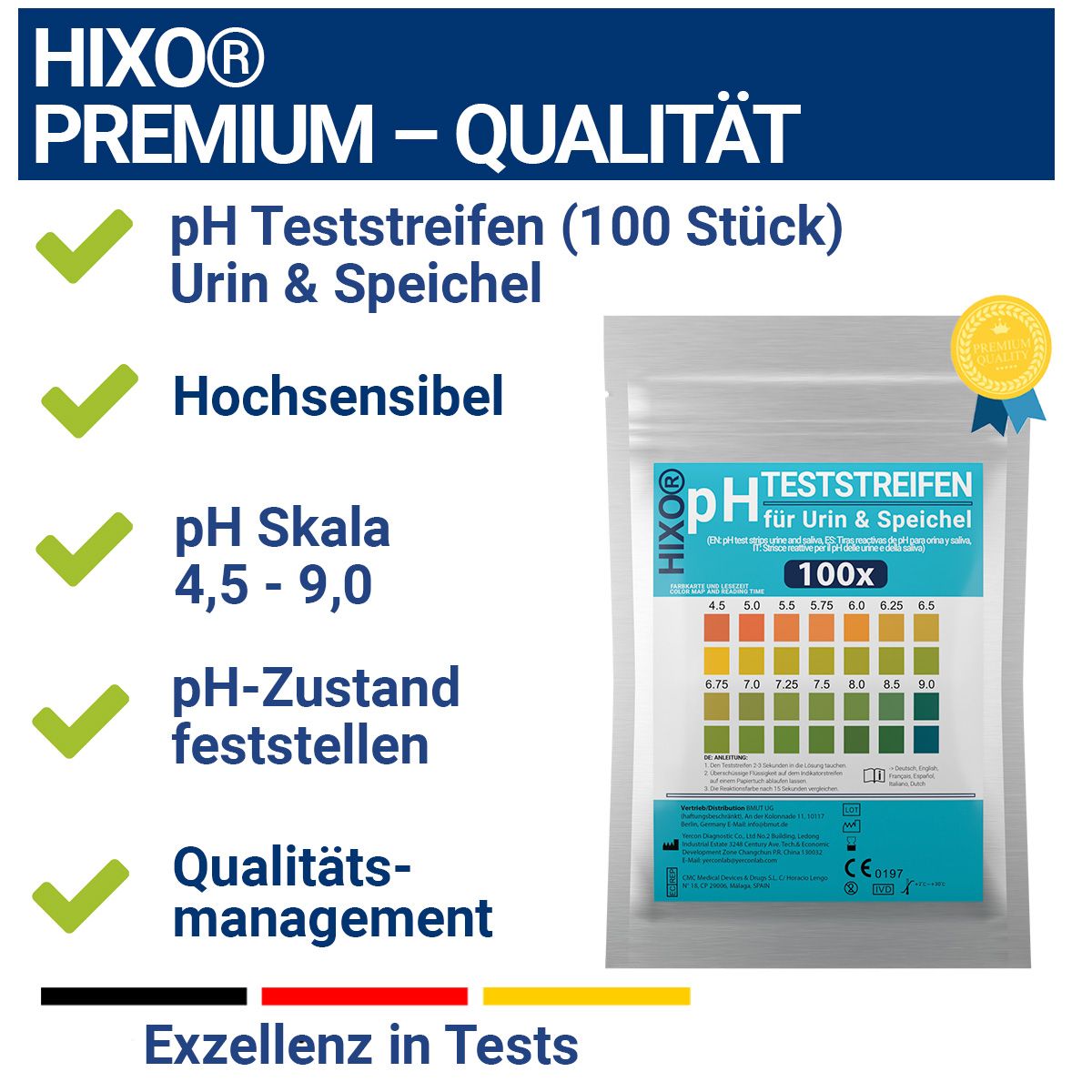 Verpackung mit pH-Teststreifen. Text: pH Teststreifen, Urin & Speichel, 100 Stück. Qualitätsmanagement.
