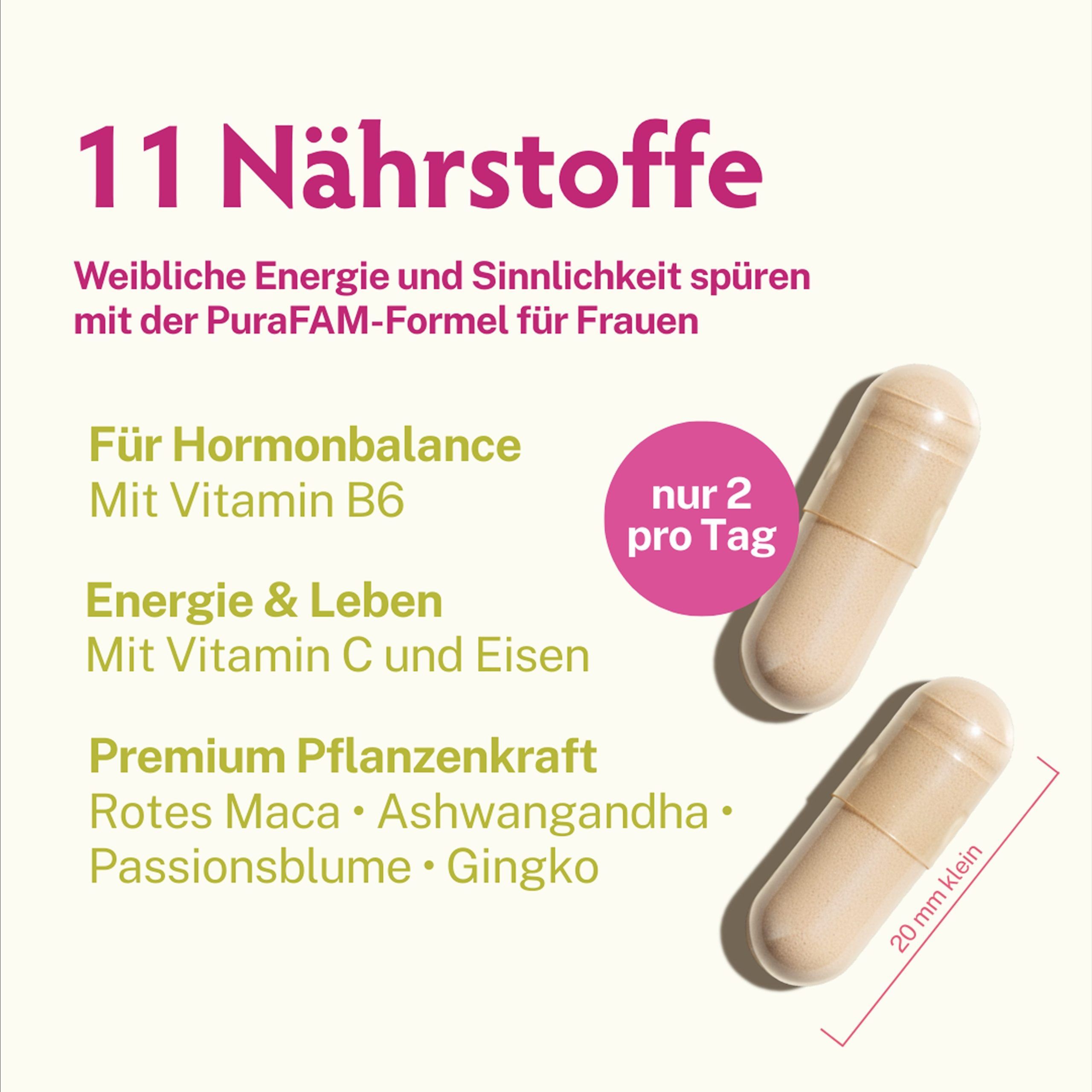 Zwei Kapseln neben Text. Text: 11 Nährstoffe, Hormonbalance, Energie & Leben, Premium Pflanzenkraft. Größe: 20 mm.