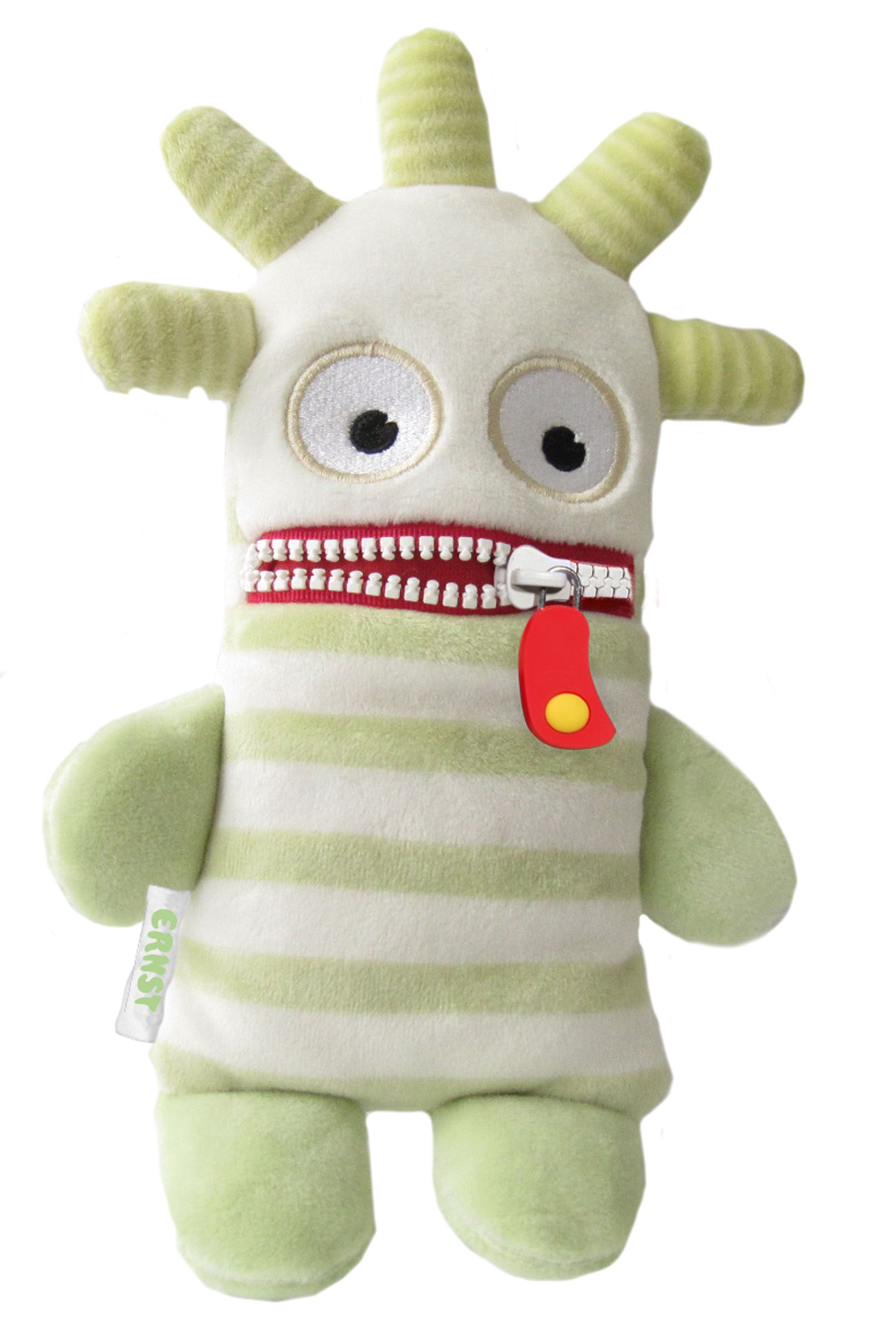 Plüschfigur, Monster-Design, grün-weiß gestreift, Reißverschlussmund, roter Anhänger. Marke: Ernst.