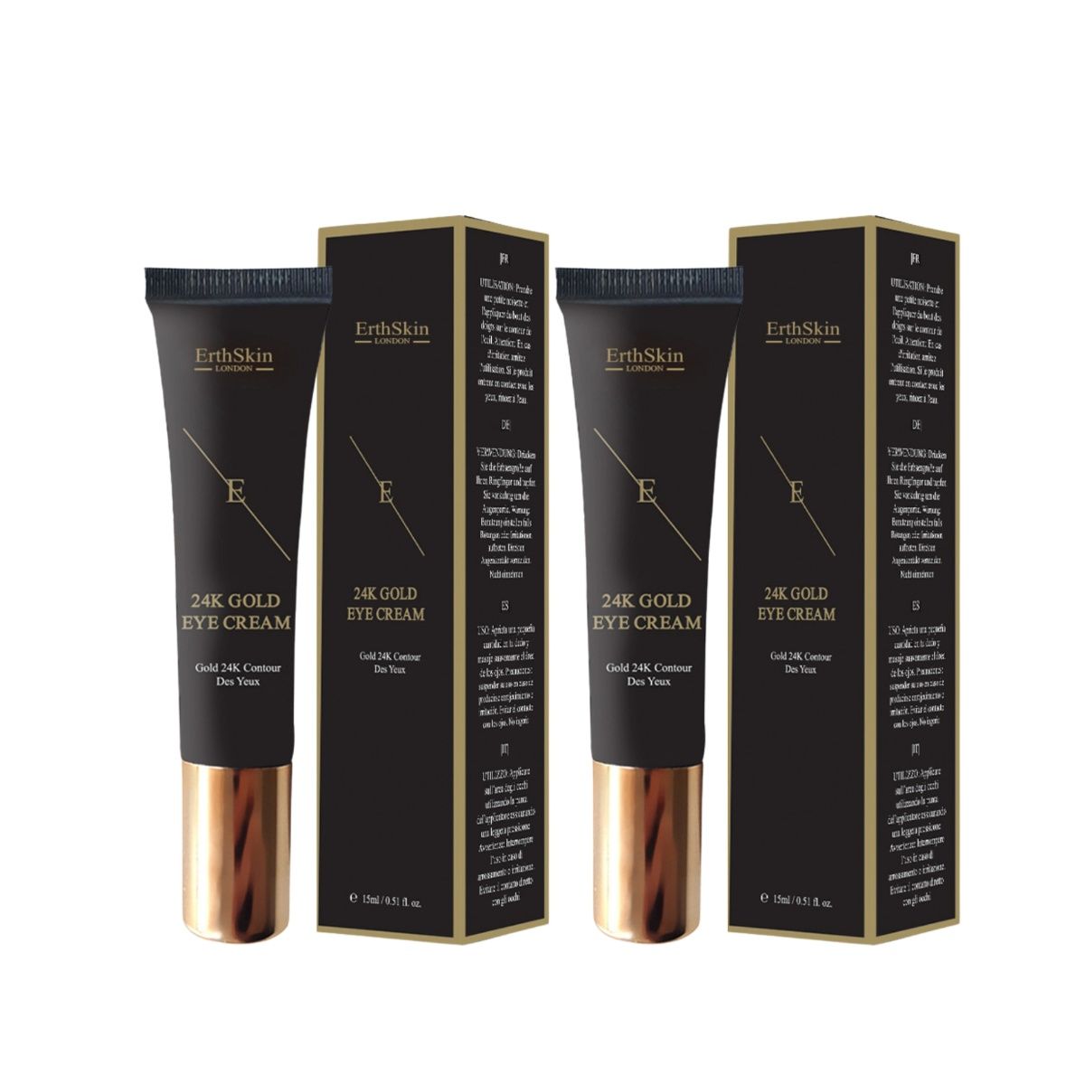 Zwei Tuben Augencreme mit Verpackung. Schwarze Tuben mit goldfarbenen Kappen. Text: ErthSkin London, 24K Gold Eye Cream.