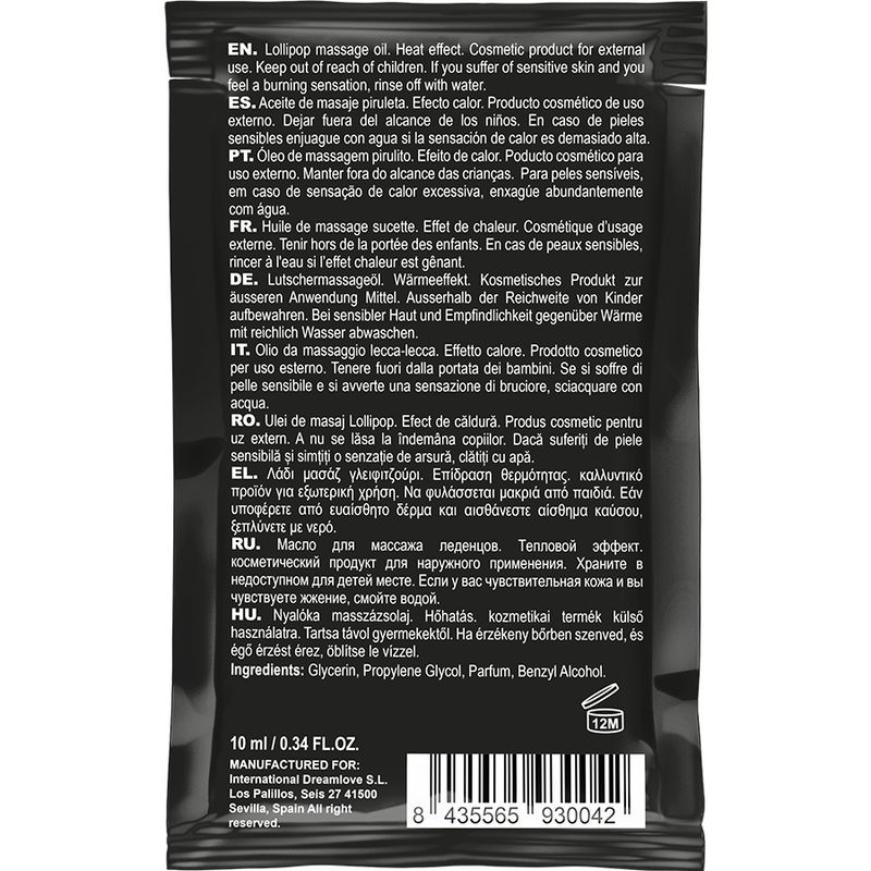 Rückseite einer Coquette Lollipop Massageöl-Verpackung. Enthält Produktinformationen und Inhaltsstoffe.