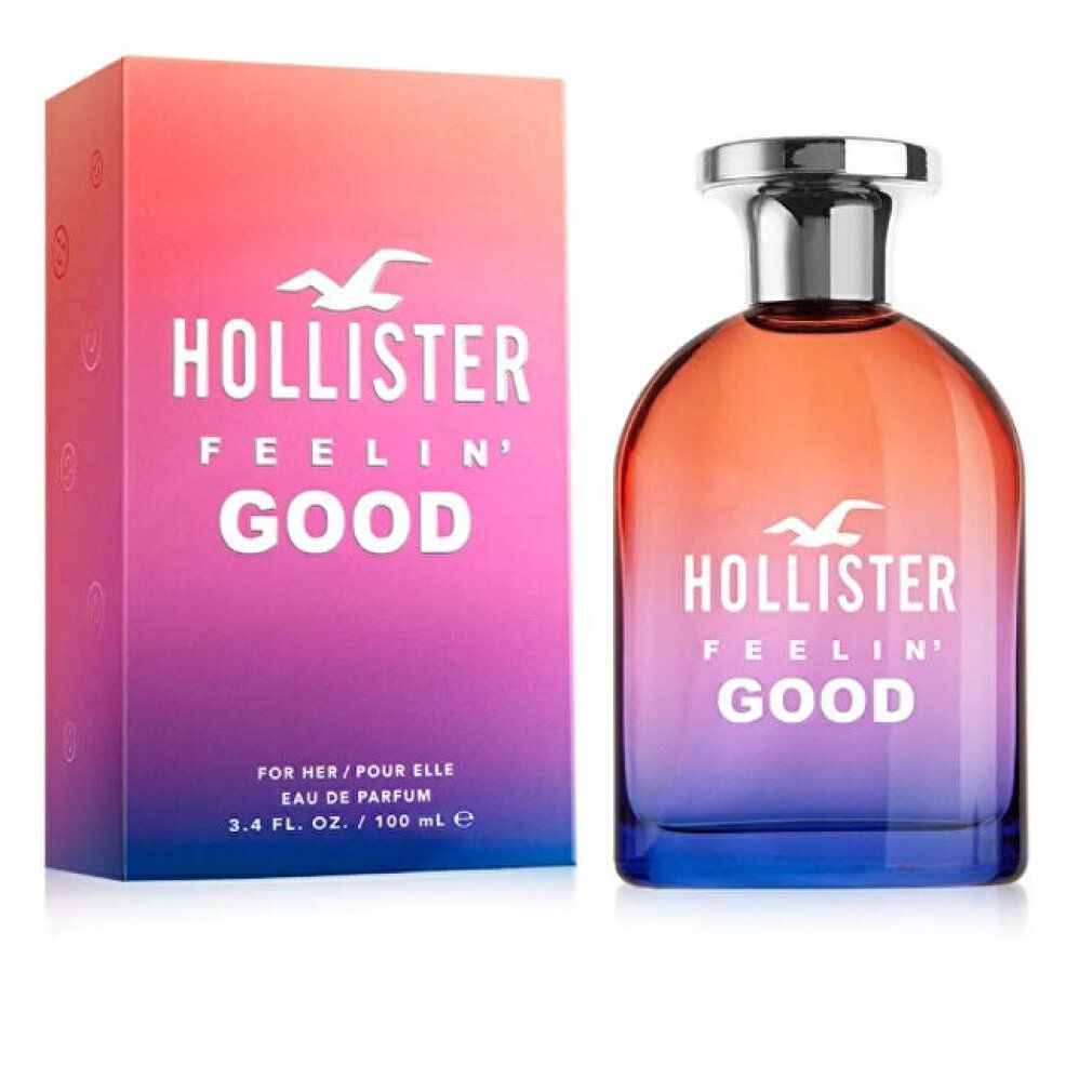 Parfümflakon und Verpackung. Flakon mit Farbverlauf von Orange nach Blau. Aufschrift: Hollister Feelin' Good. Verpackung mit Logo.
