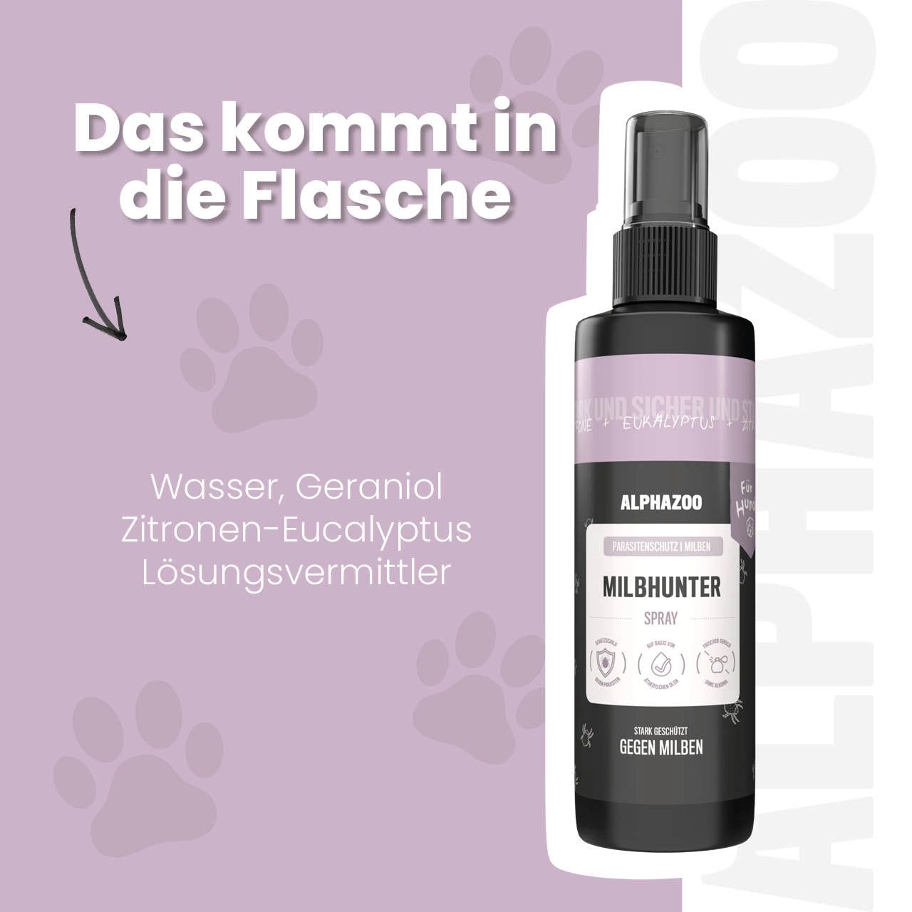 Sprühflasche mit Text: ALPHAZOO MilbHunter Spray. Inhaltsstoffe: Wasser, Geraniol, Zitronen-Eukalyptus. Illustrationen von Pfoten.