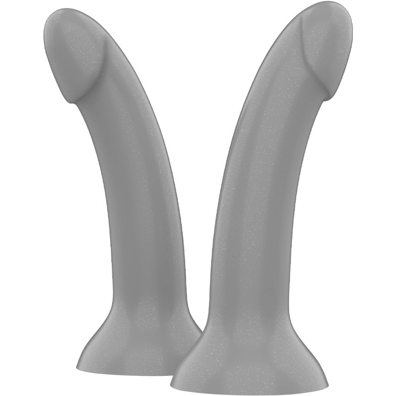 Zwei graue Dildos nebeneinander. Gebogene Form.