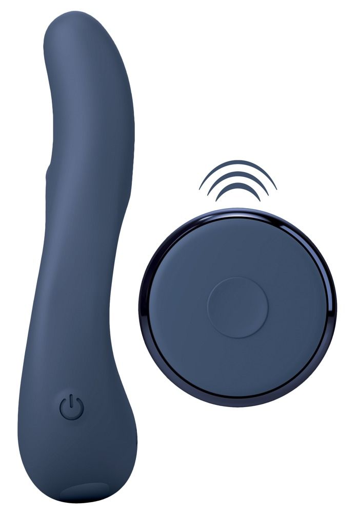 Blaues Vibrationsgerät mit Fernbedienung. Gerät mit geschwungener Form und Ein-/Ausschalter. Runde Fernbedienung.