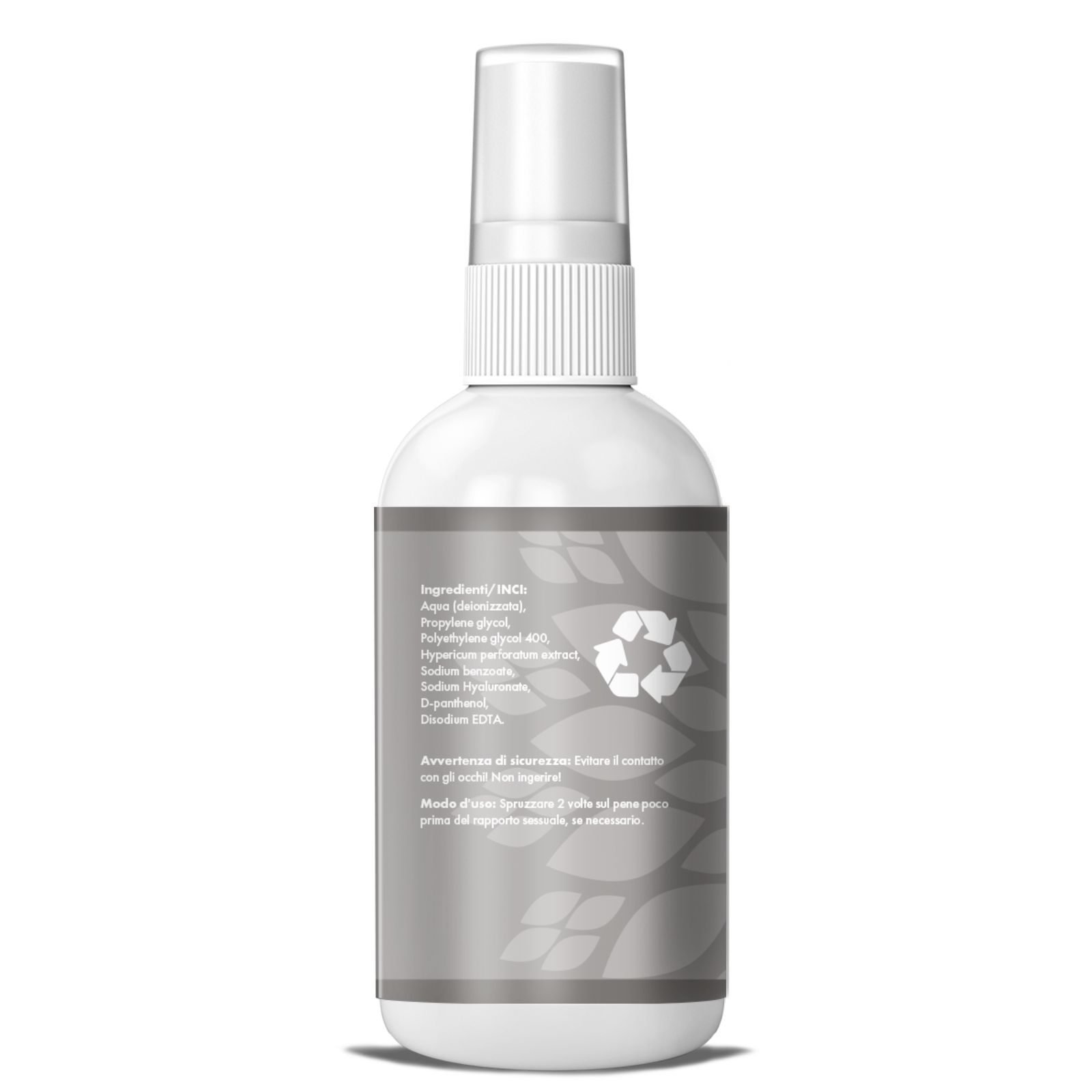 Rückseite einer grauen Flasche mit weißem Sprühkopf. Text mit Inhaltsstoffen und Recycling-Symbol.