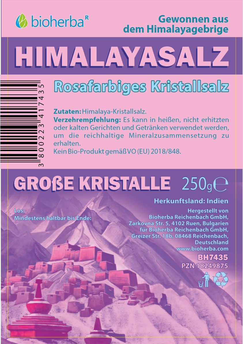 Etikett mit Produktinformationen. Text: Himalayasalz, rosafarbiges Kristallsalz, grobe Kristalle. Hersteller Bioherba.