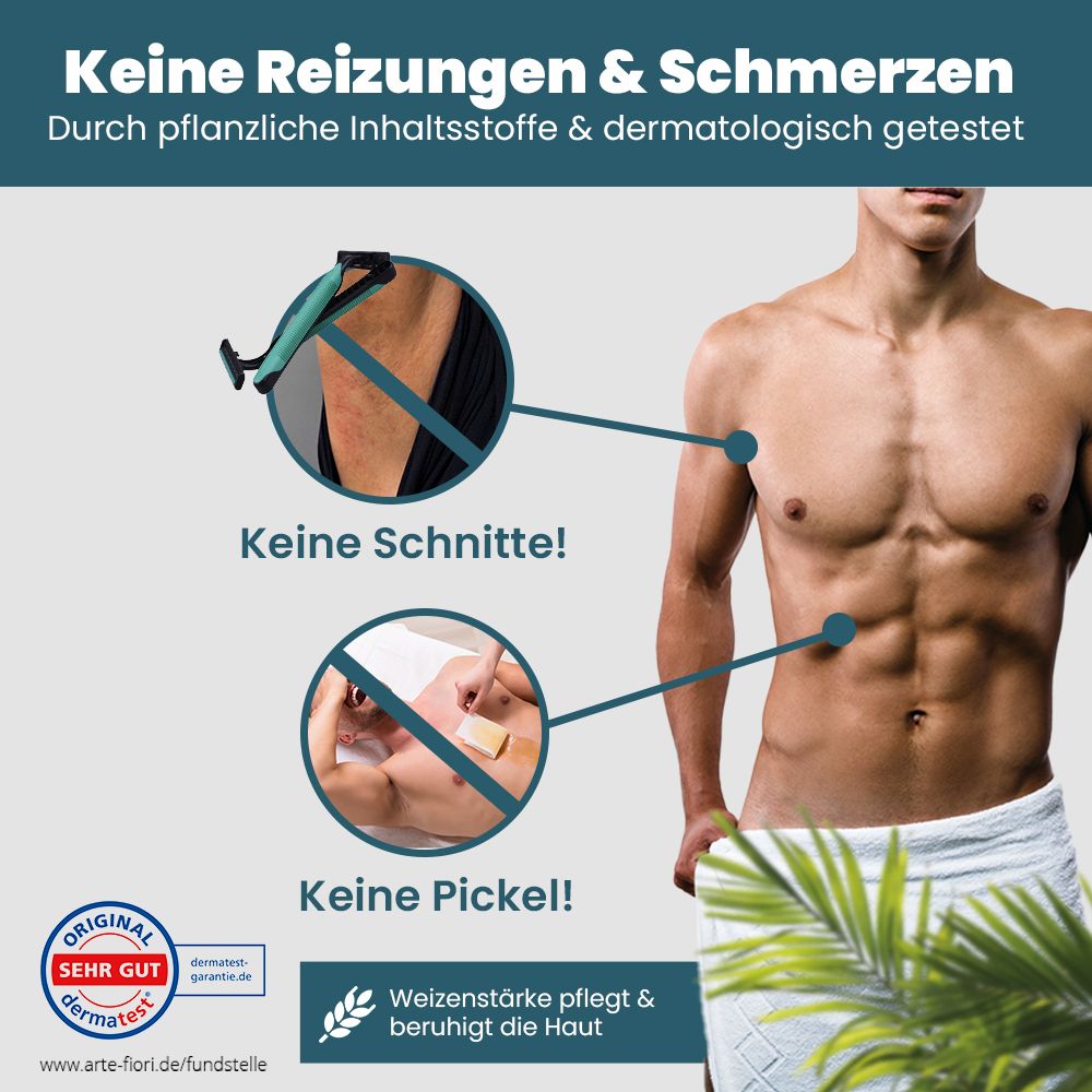Mann mit freiem Oberkörper. Keine Schnitte, keine Pickel. Weizenstärke pflegt und beruhigt die Haut. Dermatest-Siegel.