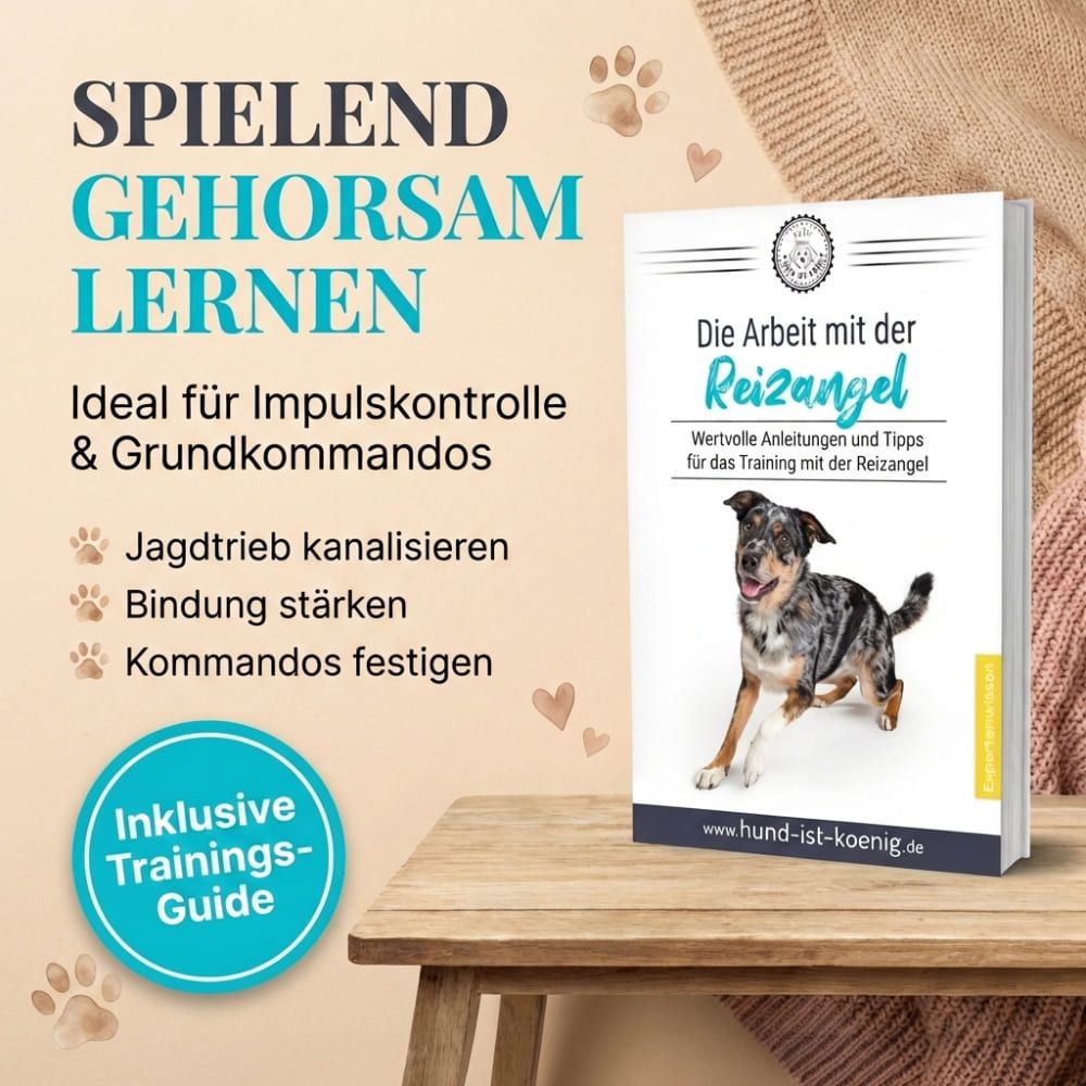 Buchcover: Die Arbeit mit der Reizangel. Text: Spielend Gehorsam lernen. Inklusive Trainings-Guide. Hund auf dem Cover.