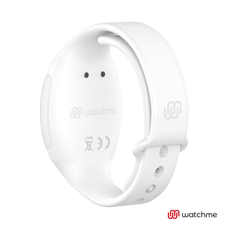Rückseite eines weißen Armband-Steuergeräts mit Ladekontakten und Markenlogo.