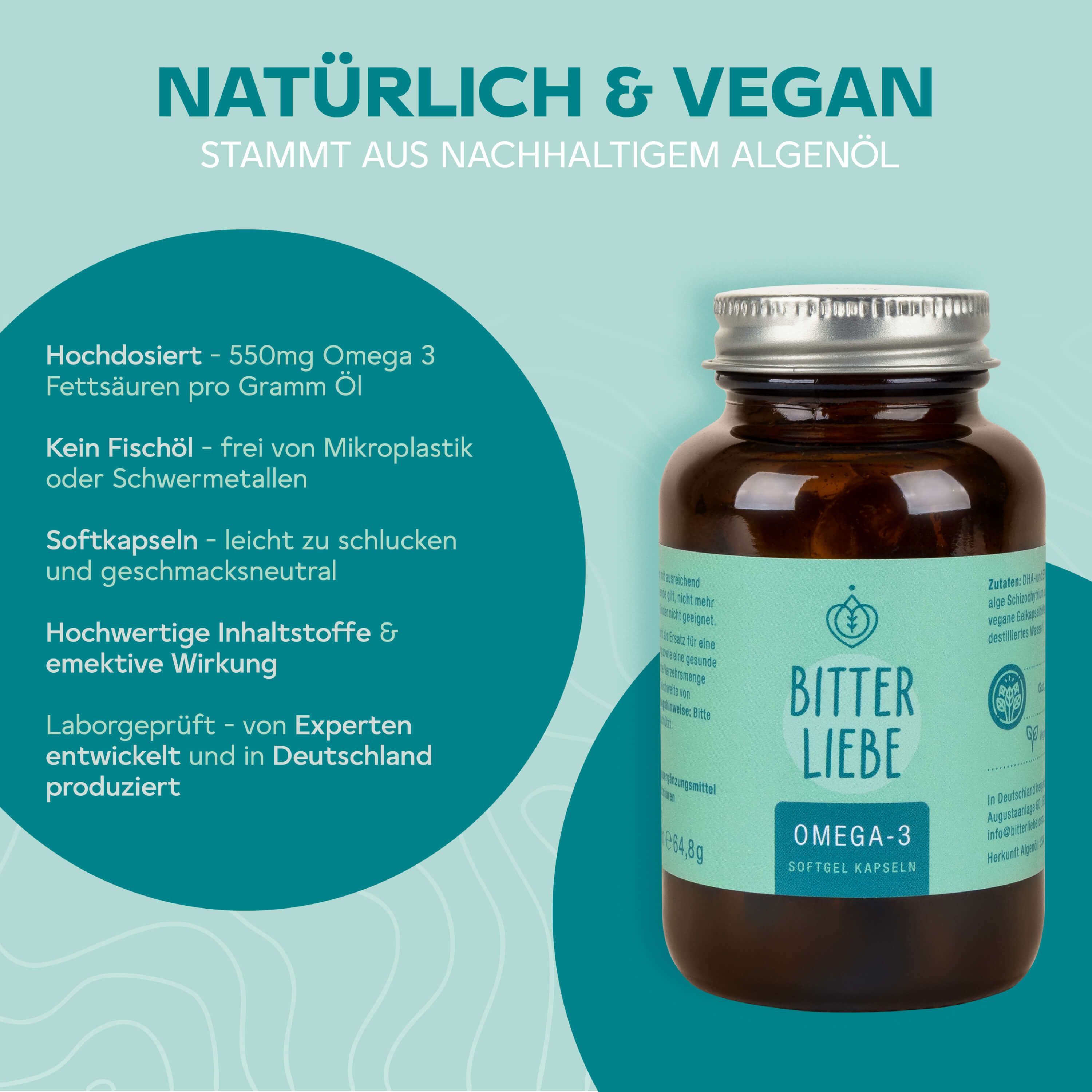 Braune Glasflasche mit Omega-3-Softgelkapseln. Etikett mit "Bitter Liebe" und "Omega-3" Aufschrift.