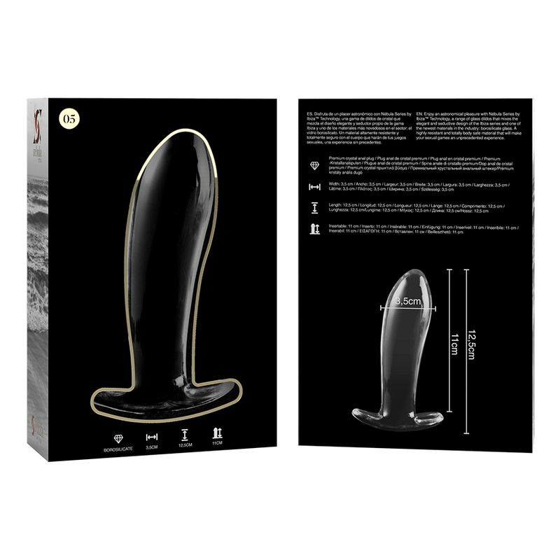 Verpackung und klarer Glas-Analplug mit Maßen: 12,5 cm Länge, 3,5 cm Breite.