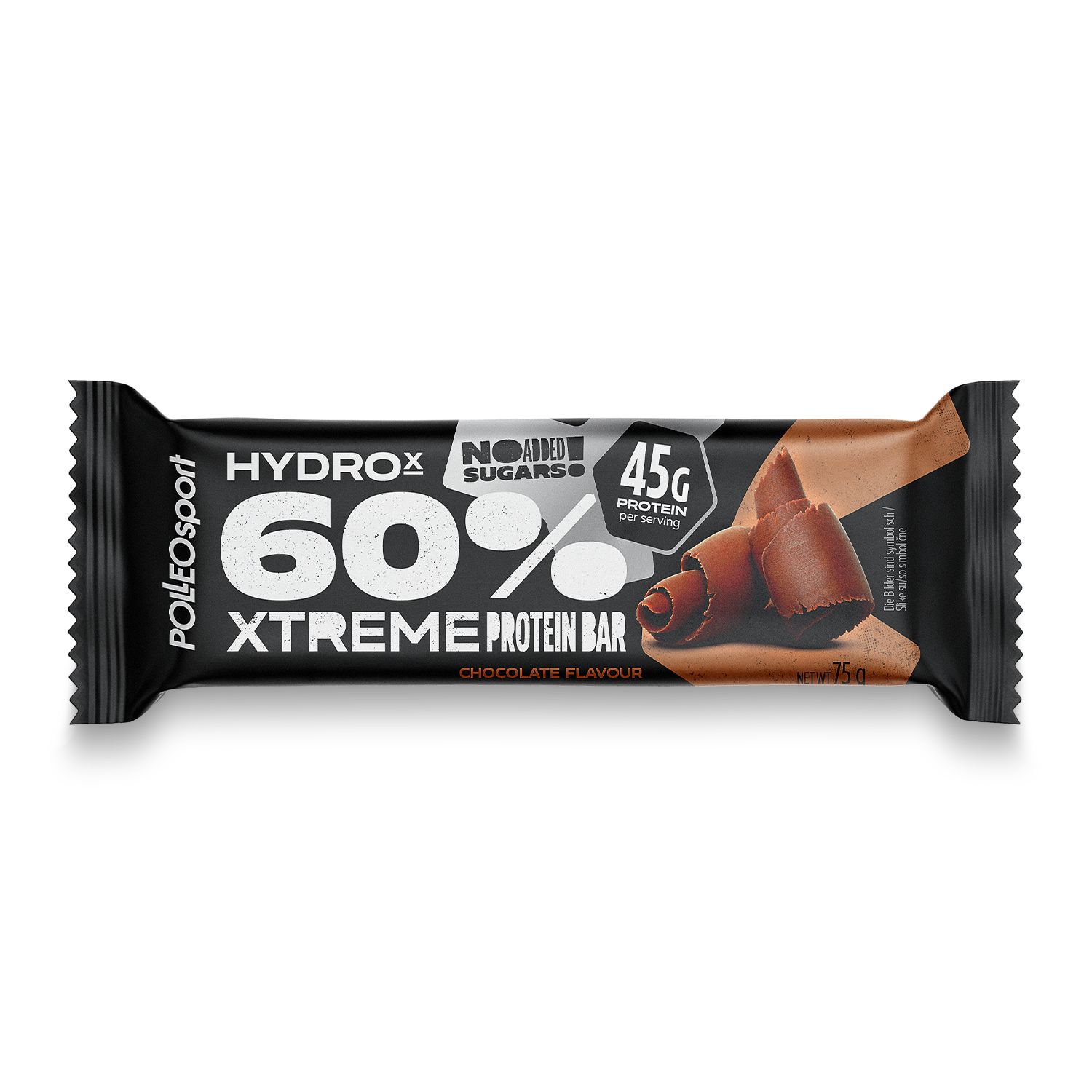 Schwarzer Proteinriegel mit 60% Protein, Schokoladengeschmack. Enthält 45g Protein pro Portion. Verpackung mit Logo und Produktbezeichnung. Zuckerfrei.
