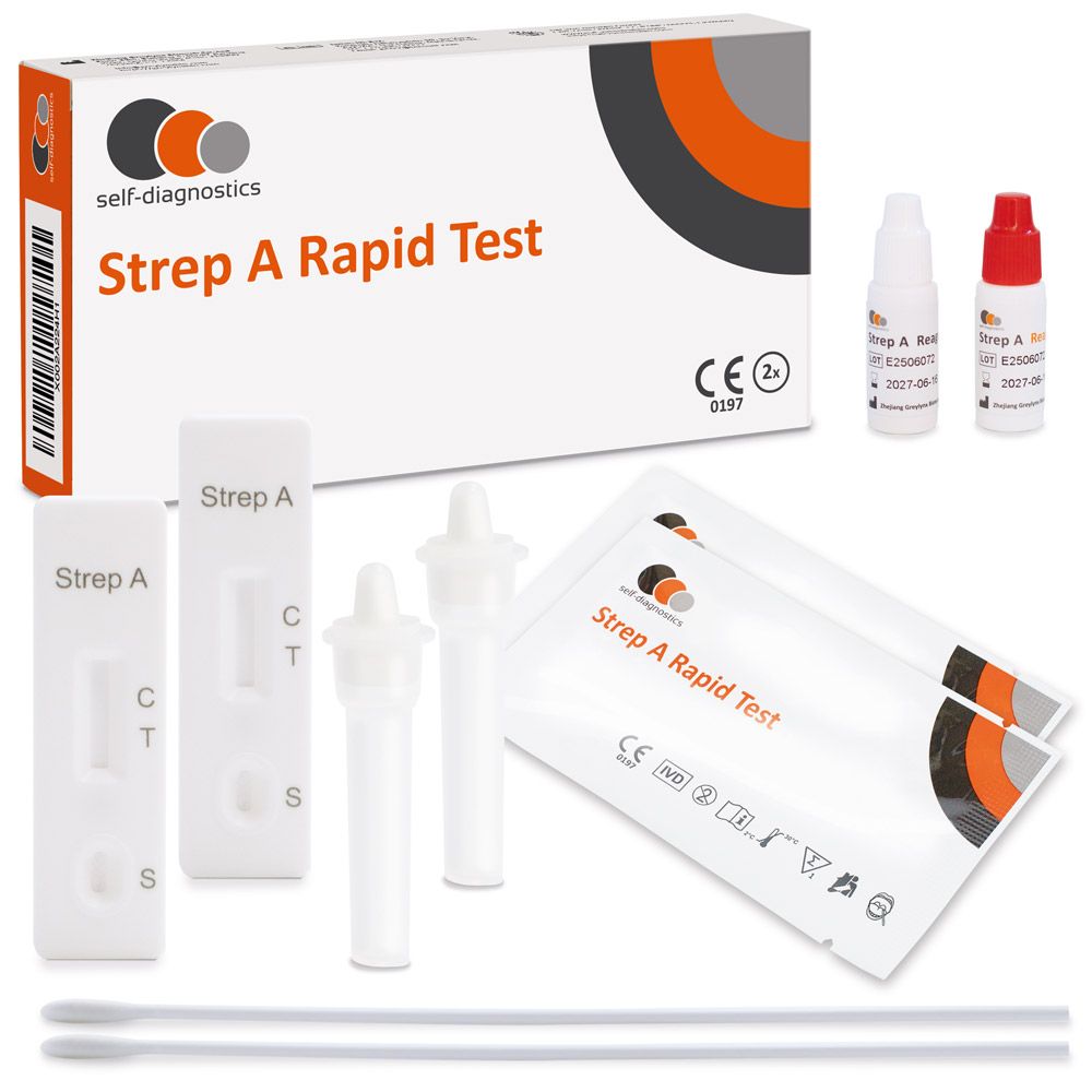 Testkit für Streptokokken. Enthält Testkassetten, Abstrichtupfer, Reagenzien und Anweisungen. CE-Kennzeichnung.