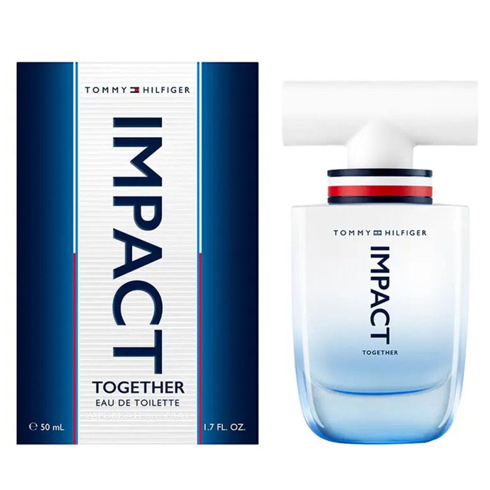 Eau de Toilette Spray mit Verpackung. Flakon und Schachtel mit Aufschrift IMPACT TOGETHER. Marke: Tommy Hilfiger.