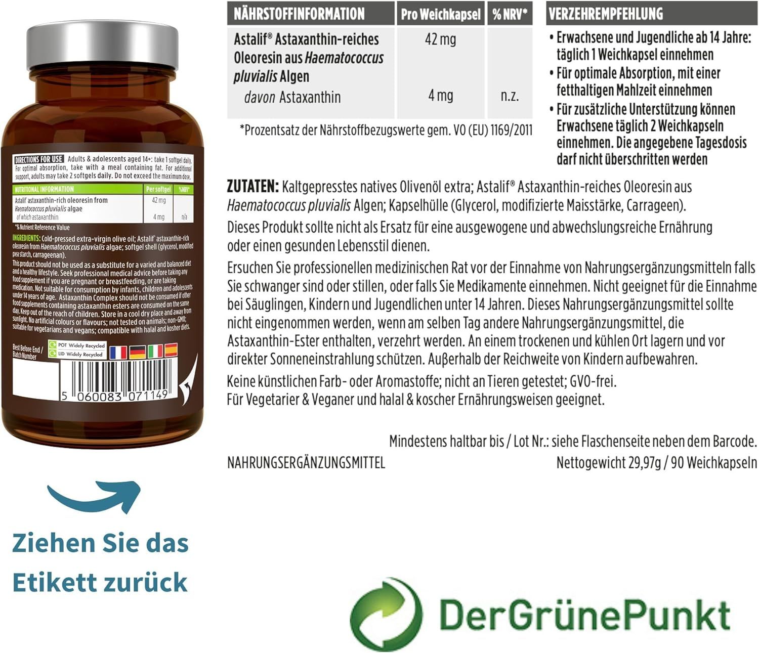 Rückseite der Igennus Astaxanthin Komplex Flasche mit detaillierten Nährwert- und Anwendungsinformationen.