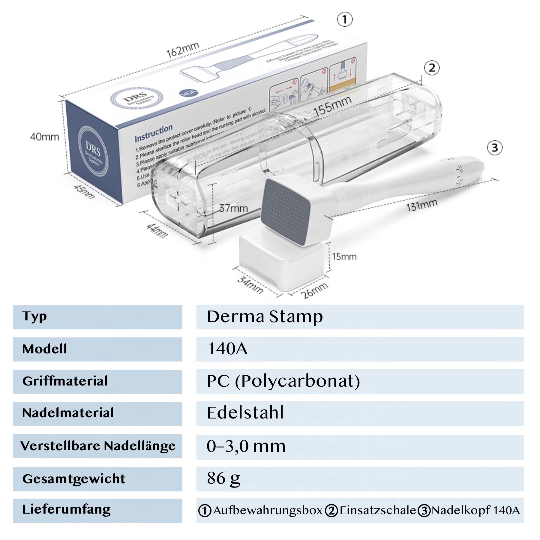 Technische Zeichnung des Derma Stamps mit Maßen und Spezifikationen.