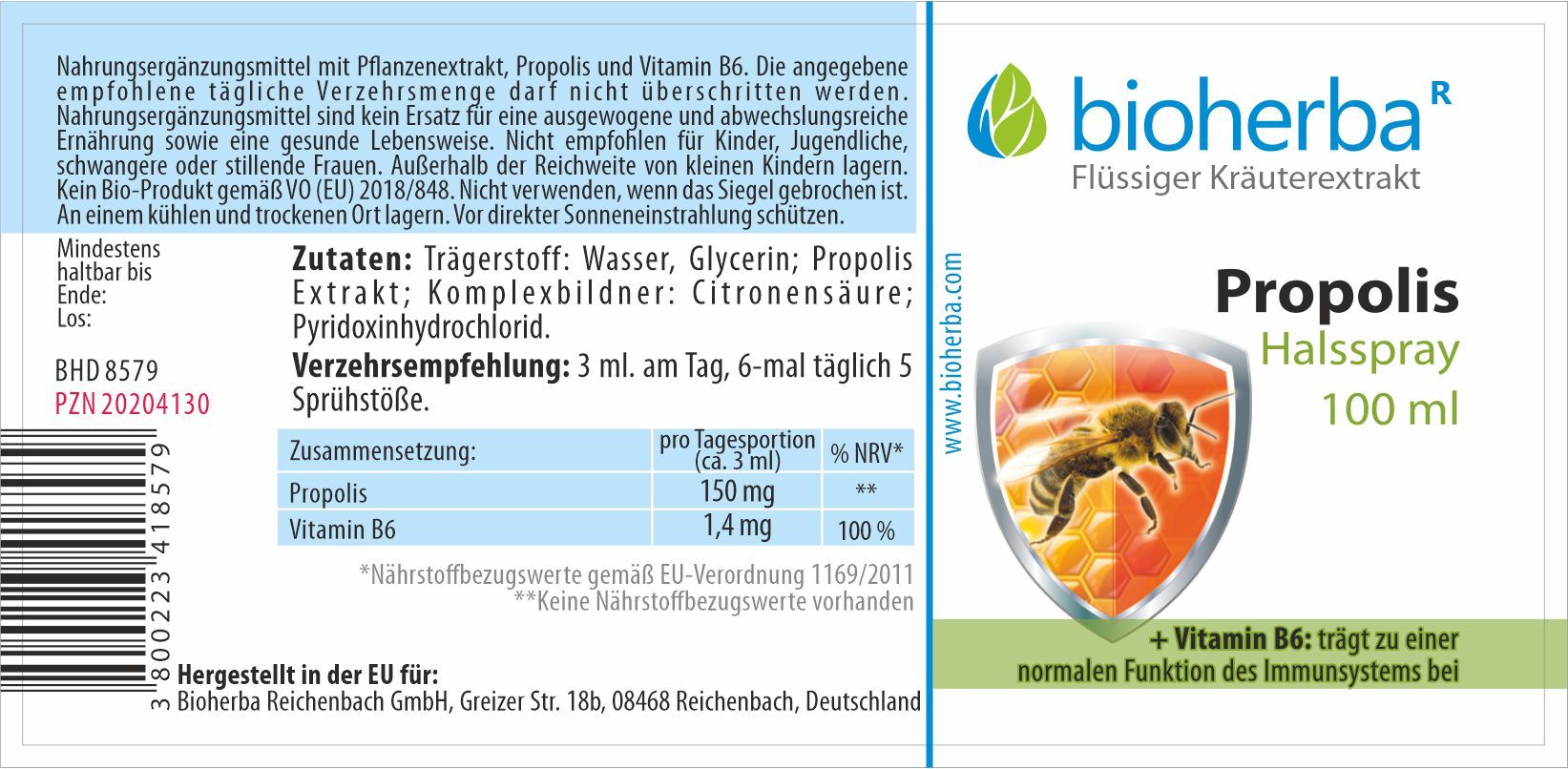 Etikett mit Produktinformationen. Bioherba Propolis Halsspray, 100 ml. Zutaten, Nährwertangaben, Verzehrempfehlung, Hersteller.