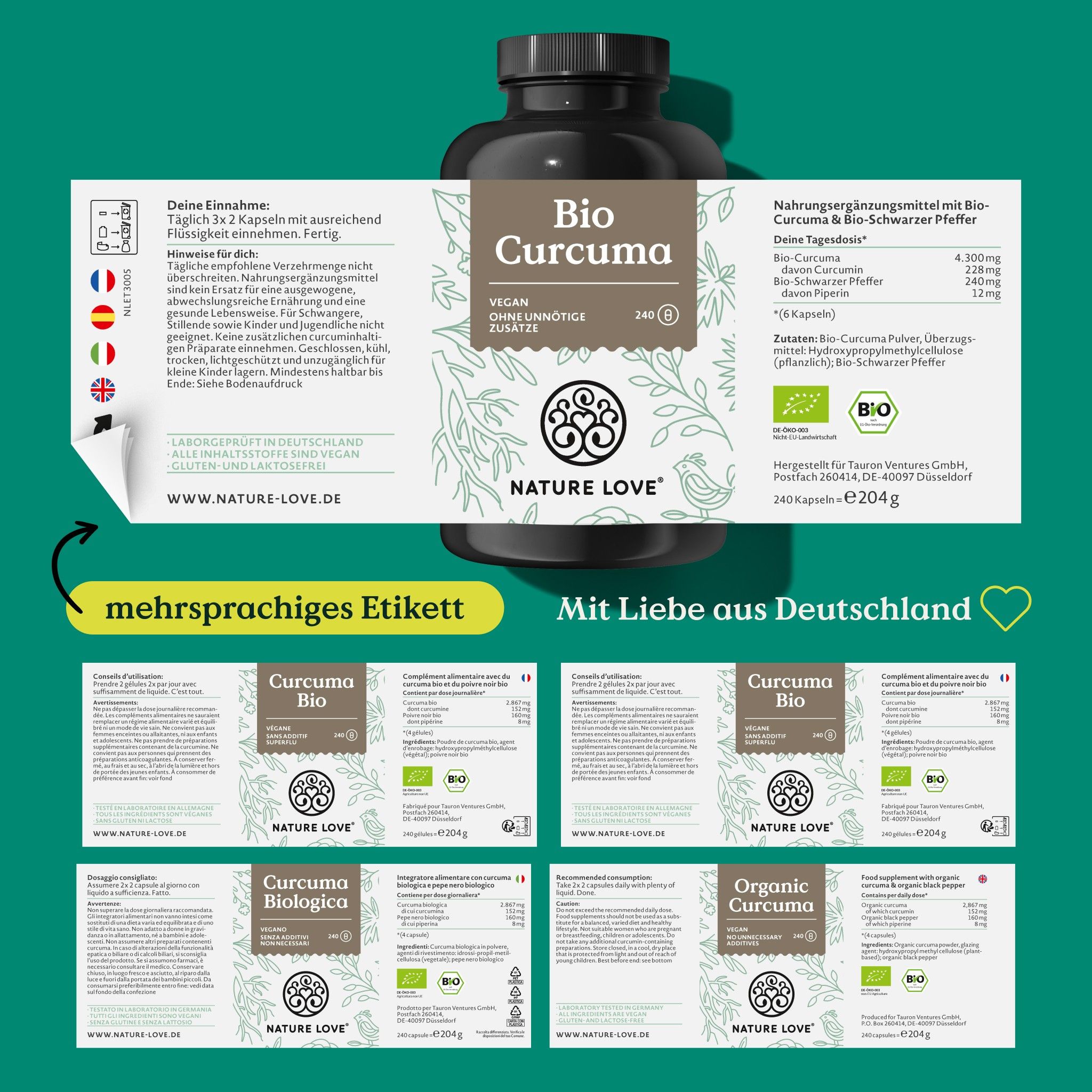 Etikett mit Informationen zu Bio Curcuma. Mehrsprachig. Logo: NATURE LOVE®. Mit Liebe aus Deutschland. Bio-Siegel.
