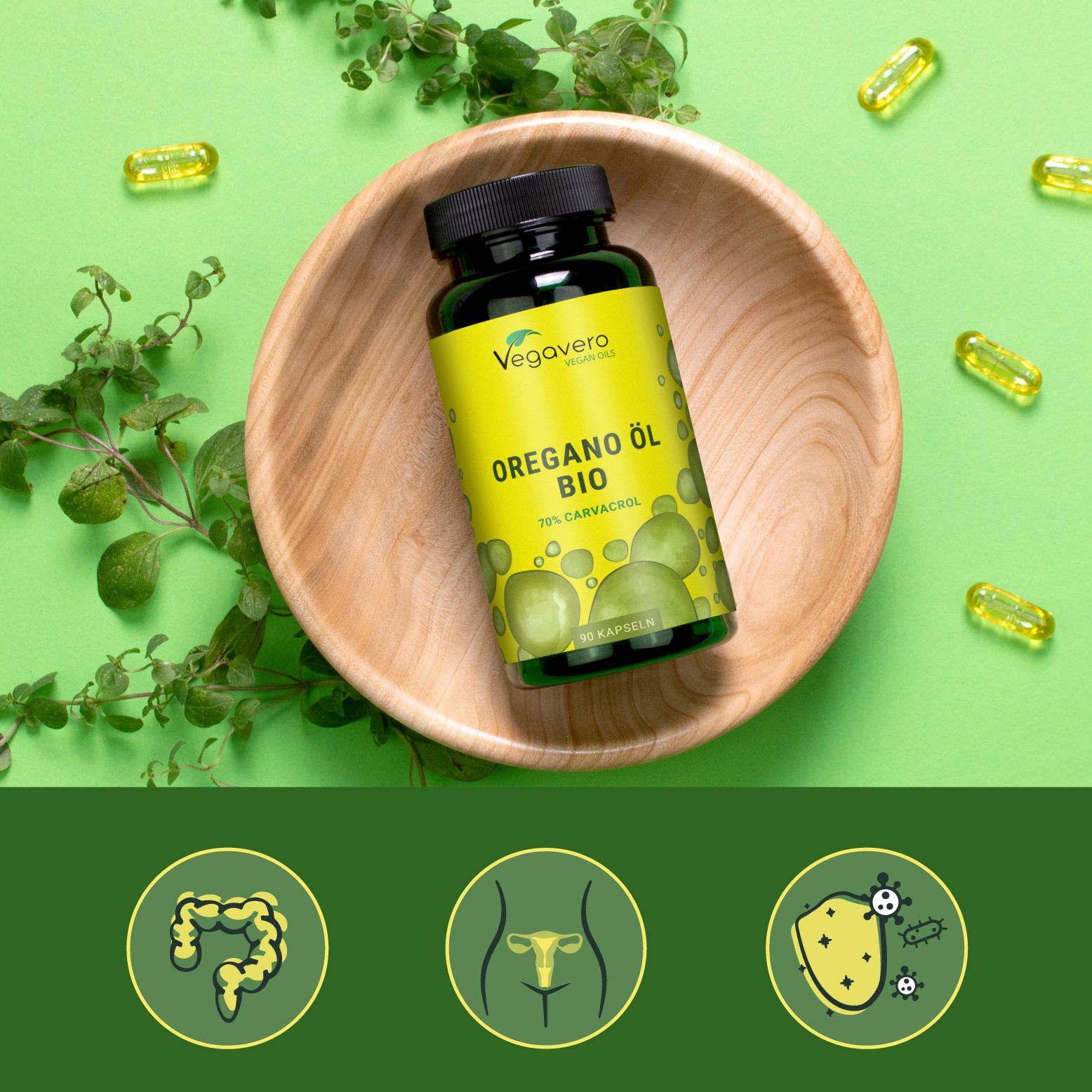 Oregano Öl BIO Kapseln in Holzschale. Gelbe Kapseln und grüne Blätter umgeben die Flasche.