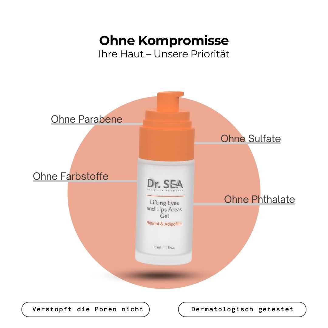 Gel-Flasche mit orangefarbenem Pumpkopf. Text: Dr. SEA, Lifting Eyes and Lips Areas Gel. Ohne Parabene, Sulfate, Farbstoffe, Phthalate.