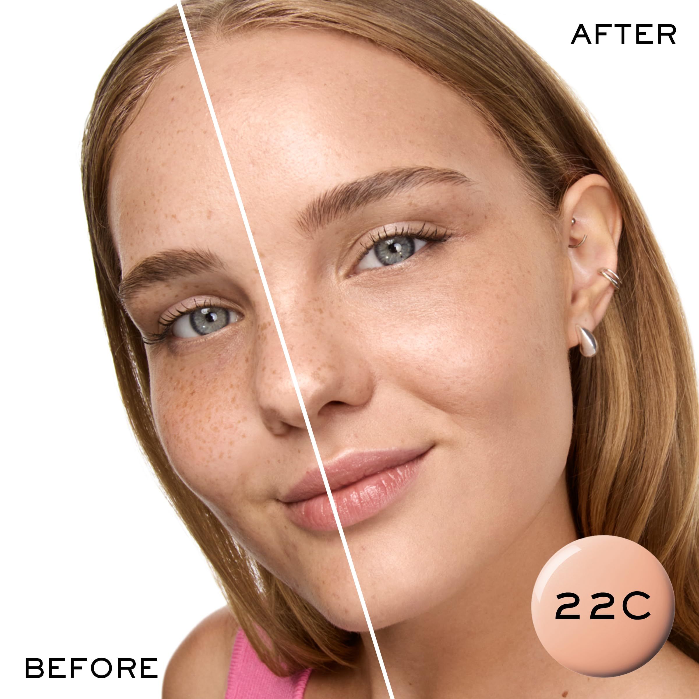 Vorher/Nachher-Vergleich einer Frau mit Lancôme Idôle Serum, Farbton 22C.