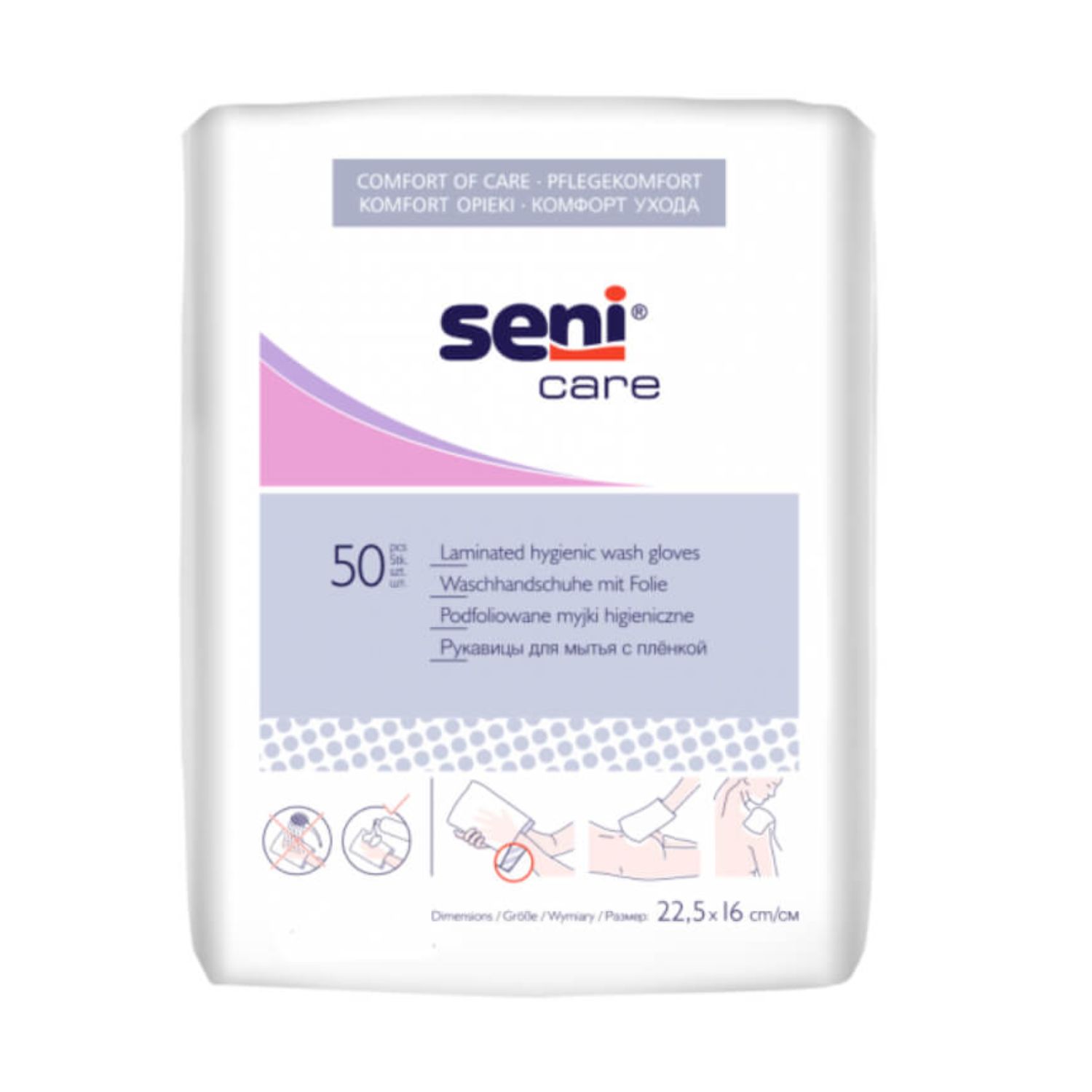 Verpackung mit Seni Care Waschhandschuhen mit Folie. Aufschrift: Seni Care, 50 Stück. Abmessungen: 22,5 x 16 cm.