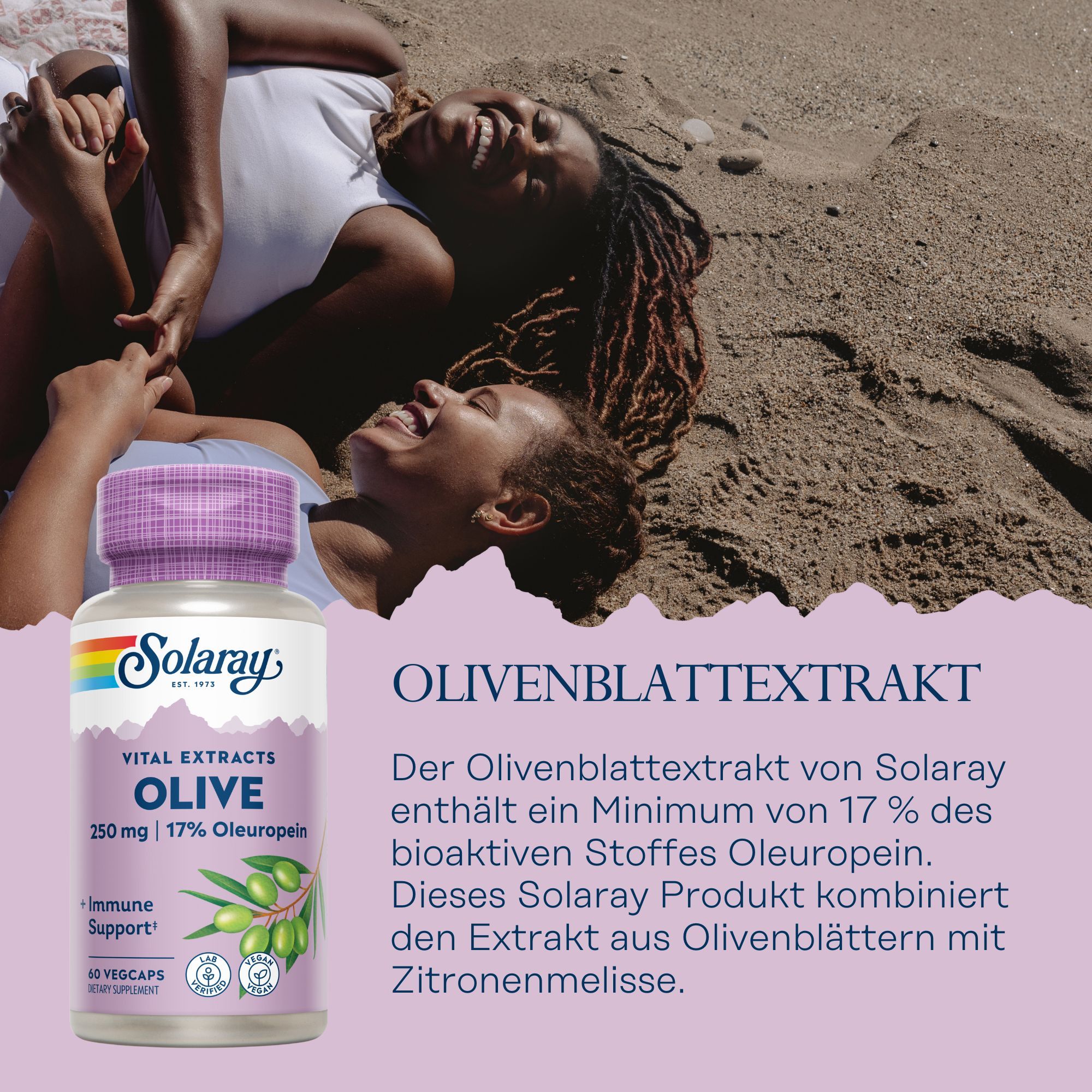 Flasche mit Solaray Olivenblattextrakt, 250 mg, 60 Vegicaps. Text: Olivenblattextrakt, 17% Oleuropein. Zwei lachende Frauen im Hintergrund.