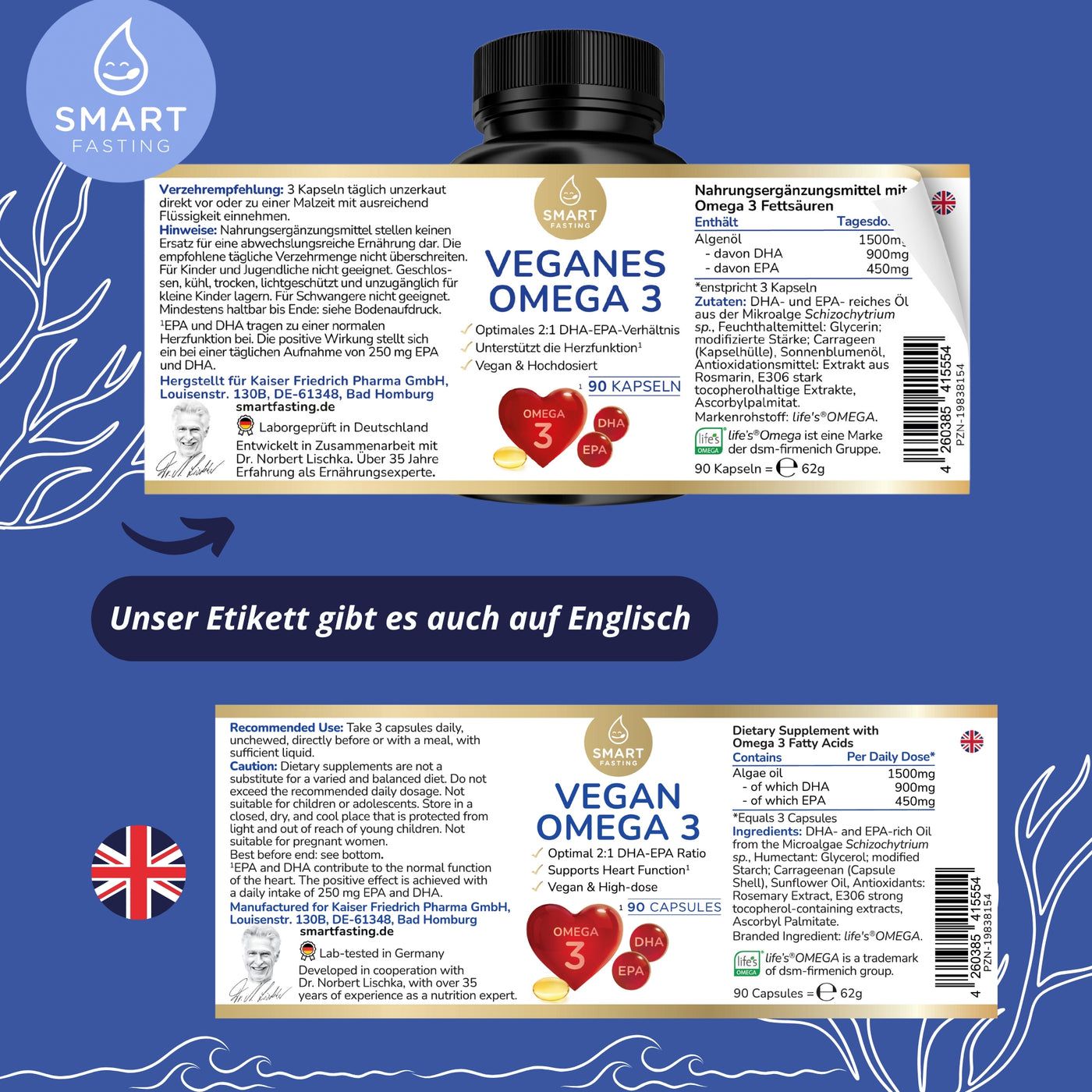 Zwei Etiketten mit Informationen zu veganem Omega 3. Enthält Informationen auf Deutsch und Englisch. 90 Kapseln.