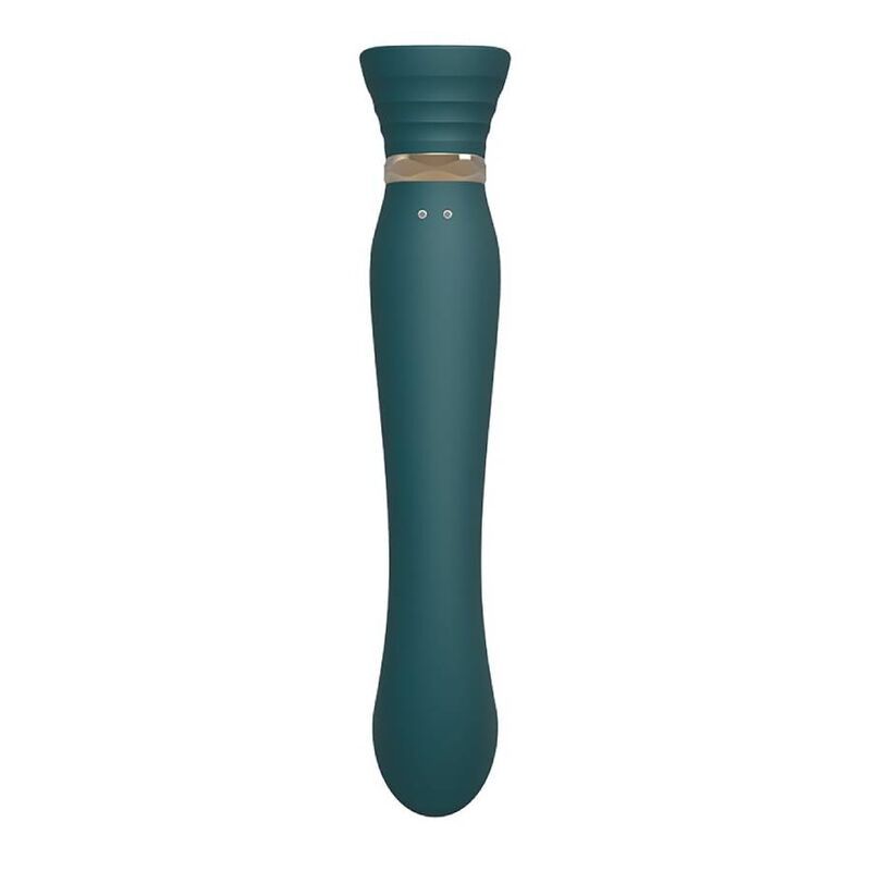 Türkisfarbener Vibrator mit goldfarbenen Akzenten. Geformter Kopf, zylindrischer Schaft und abgerundete Basis. Zwei Knöpfe.