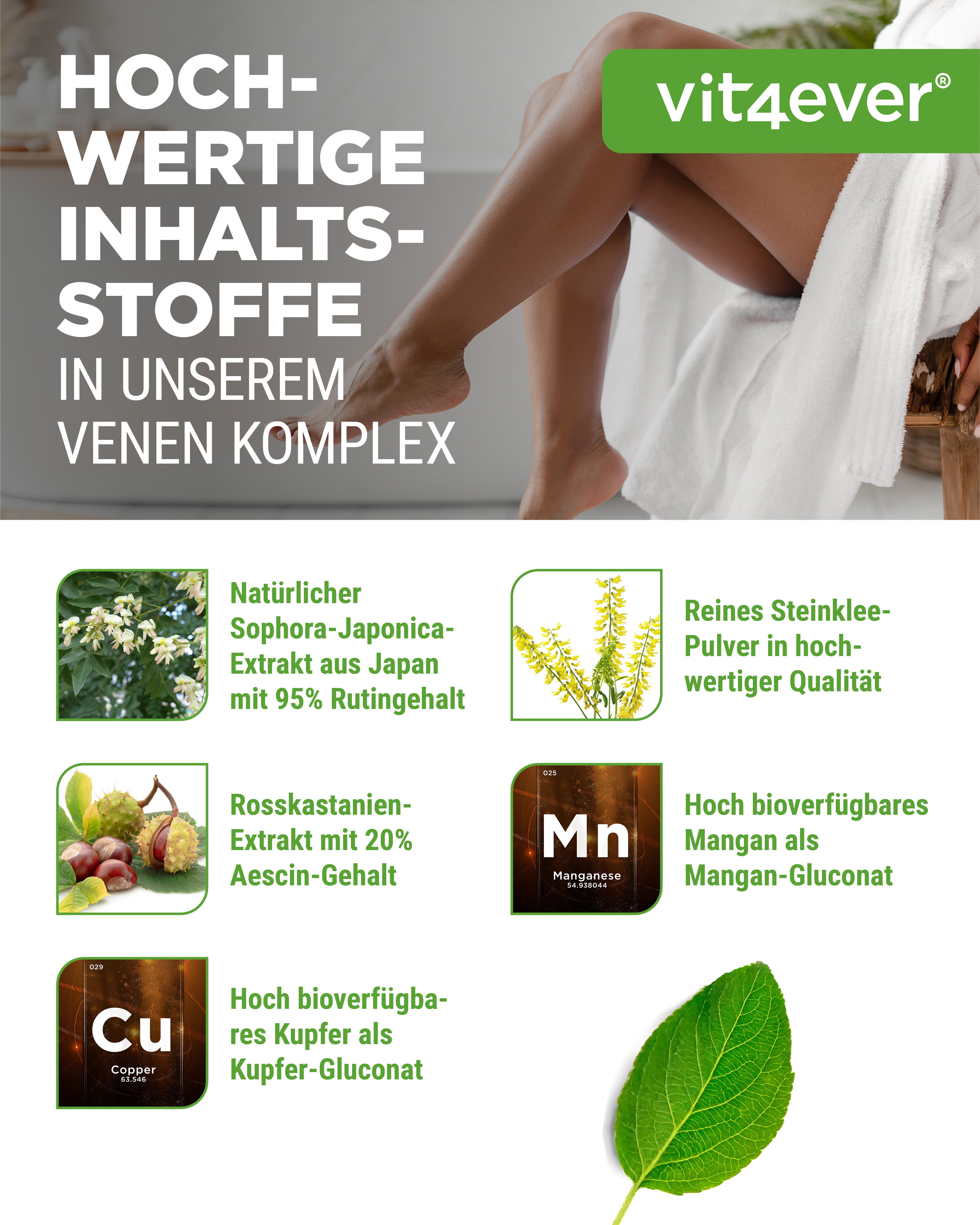 Grafische Darstellung der Inhaltsstoffe des Venen Komplex. Enthält: Rutin, Steinklee, Rosskastanie, Mangan, Kupfer.