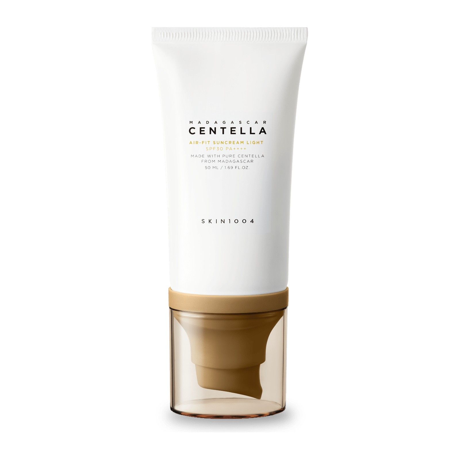 Weiße Tube mit goldener Kappe und Applikator, SKIN1004 Air-Fit Suncream Light SPF30.