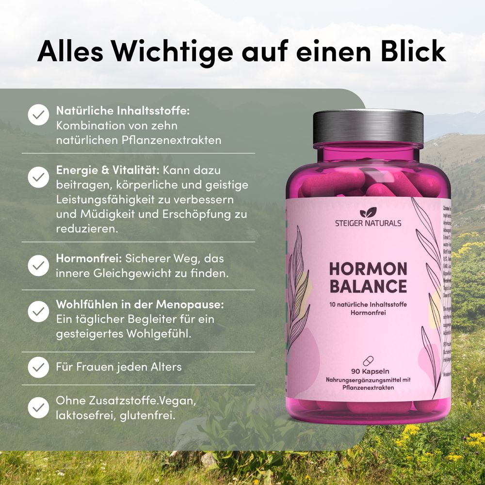 Flasche Hormon Balance und Text. Aufschrift: Hormon Balance, 90 Kapseln. Text: Natürliche Inhaltsstoffe, Energie & Vitalität, hormonfrei.
