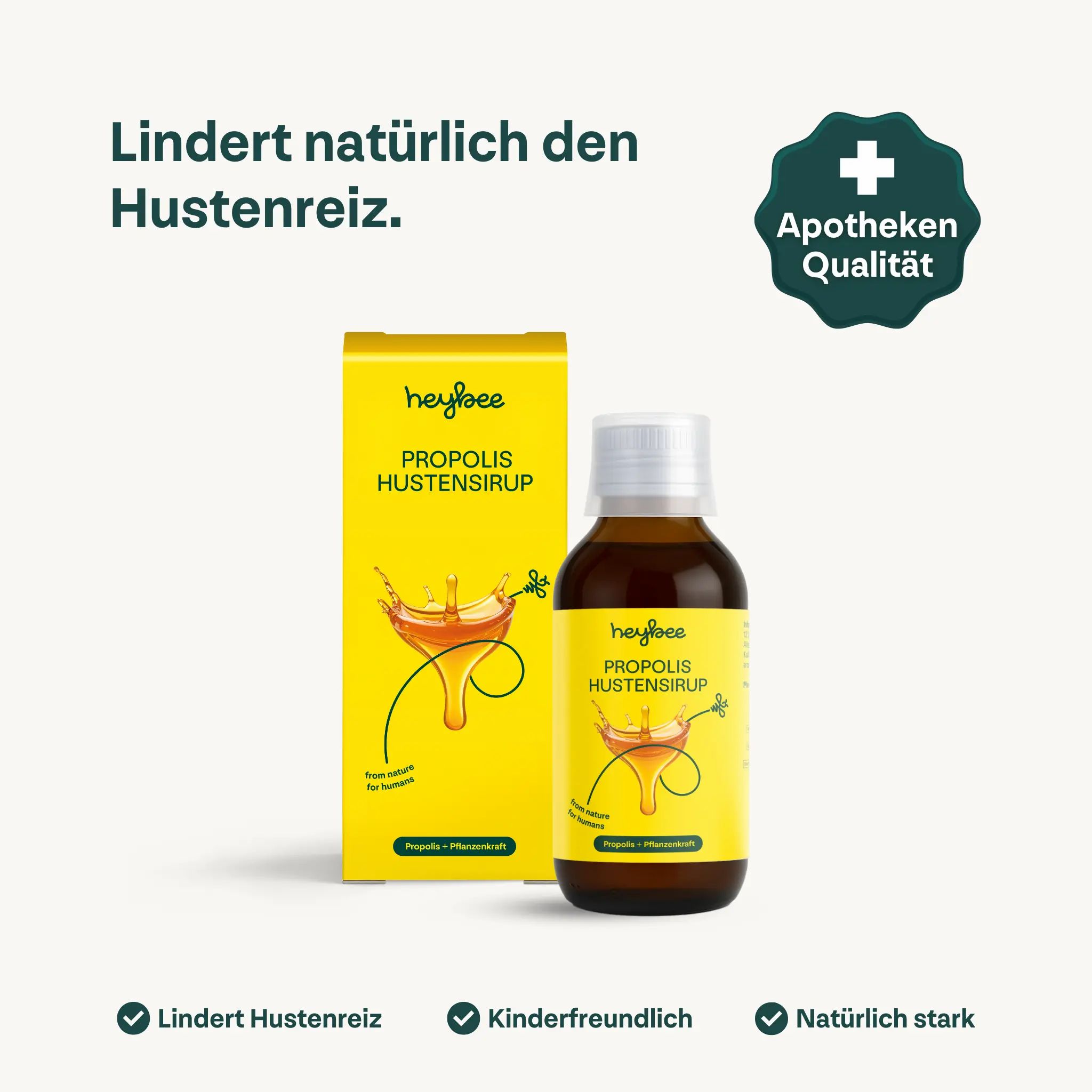 Gelbe Schachtel und Flasche mit brauner Flüssigkeit. Aufschrift: Heybee Propolis Hustensirup. Apotheken Qualität.