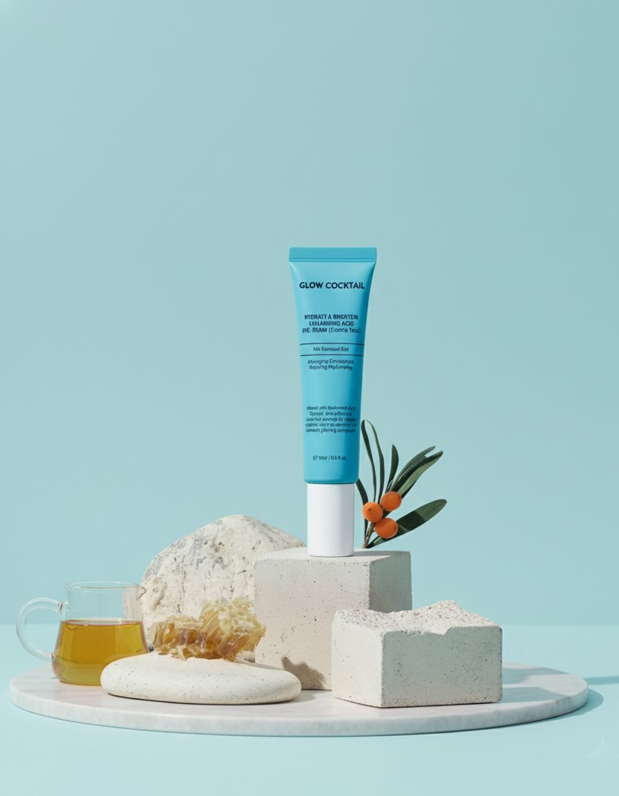 Türkisblaue Tube auf Sockel. Aufschrift: Glow Cocktail, Hydrate & Brighten Hyaluronic Acid Eye Cream. Mit Dekoration.