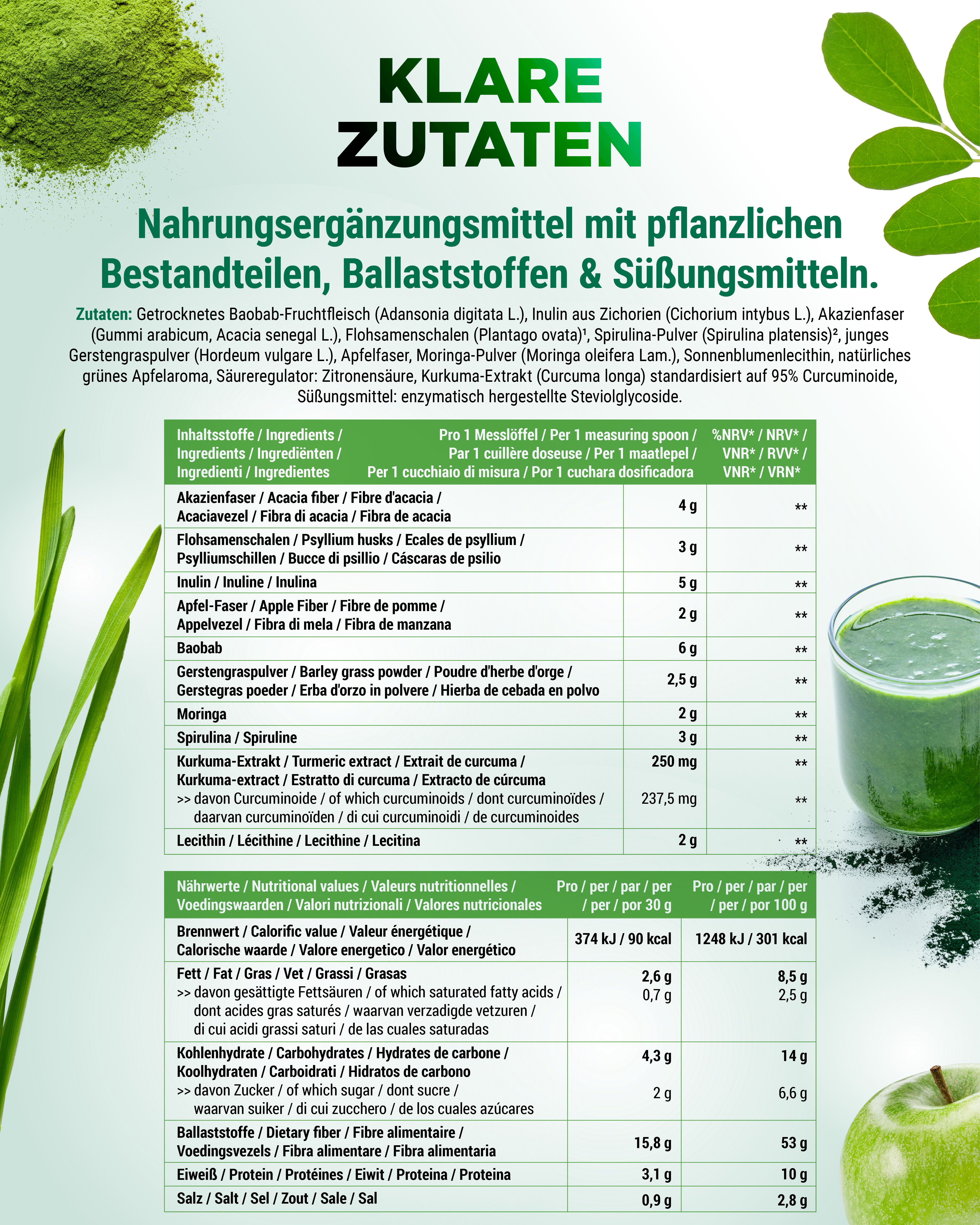 Nährwerttabelle mit Inhaltsstoffen. Text: "Klare Zutaten". Glas mit grünem Getränk, Apfel. Tabelle mit Nährwertangaben.