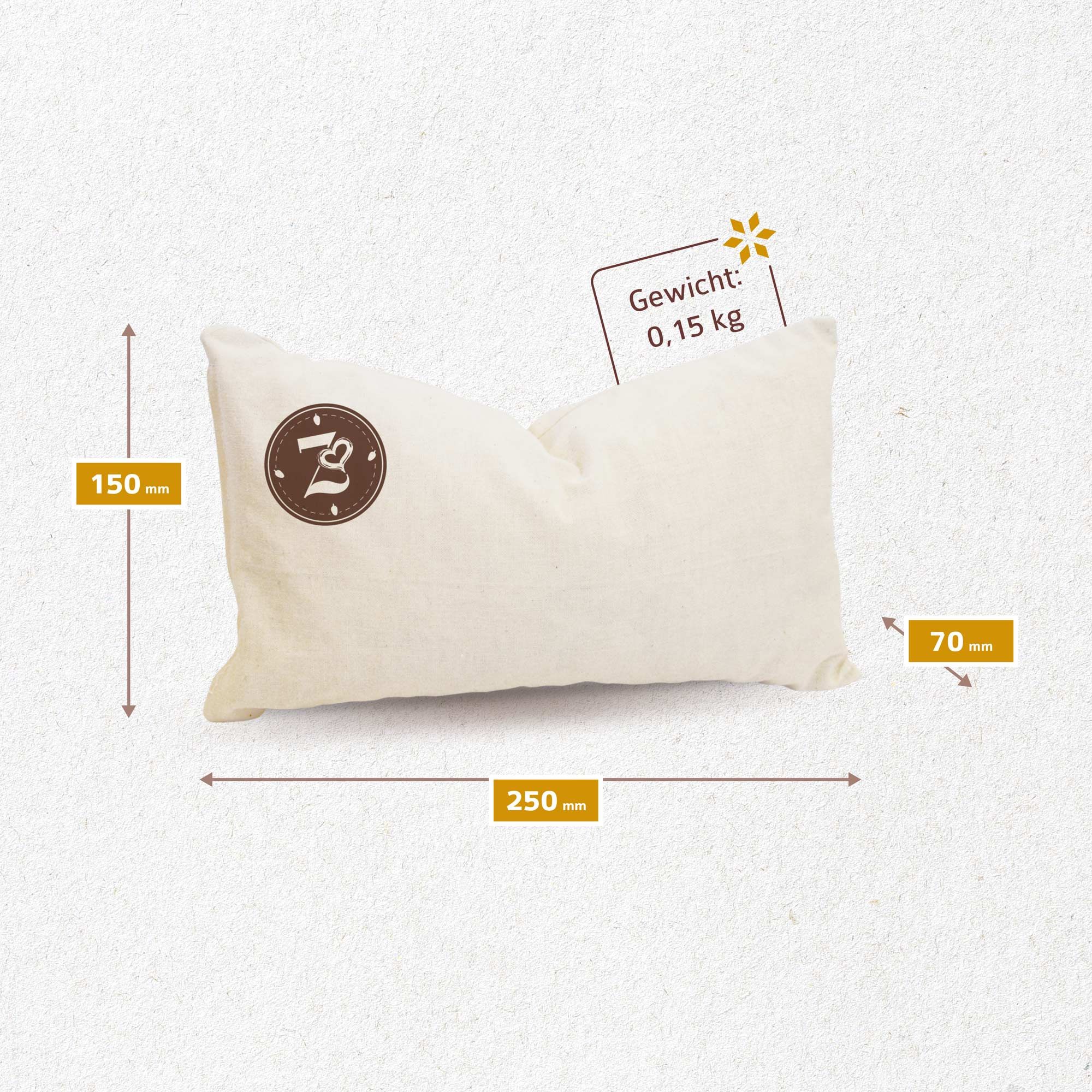Beiges Kissen mit Logo. Maße: 250x150x70 mm. Text: Gewicht 0,15 kg.