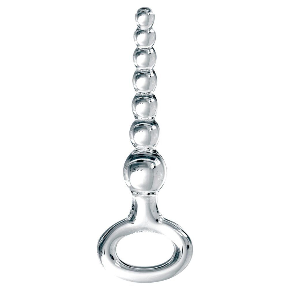 Glas-Analkugelkette mit ovalem Griff und Kugeln. Transparentes Glas. Auf weißem Hintergrund.