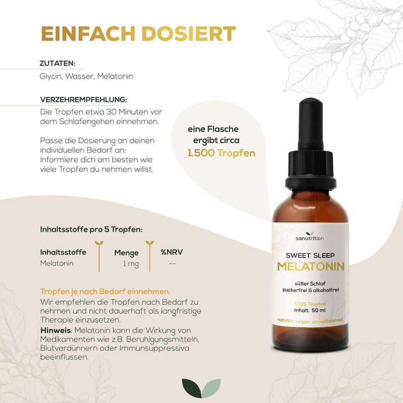 Produktflasche mit Tropfer. Zutaten: Glycin, Wasser, Melatonin. Dosierungshinweise. 1500 Tropfen pro Flasche.