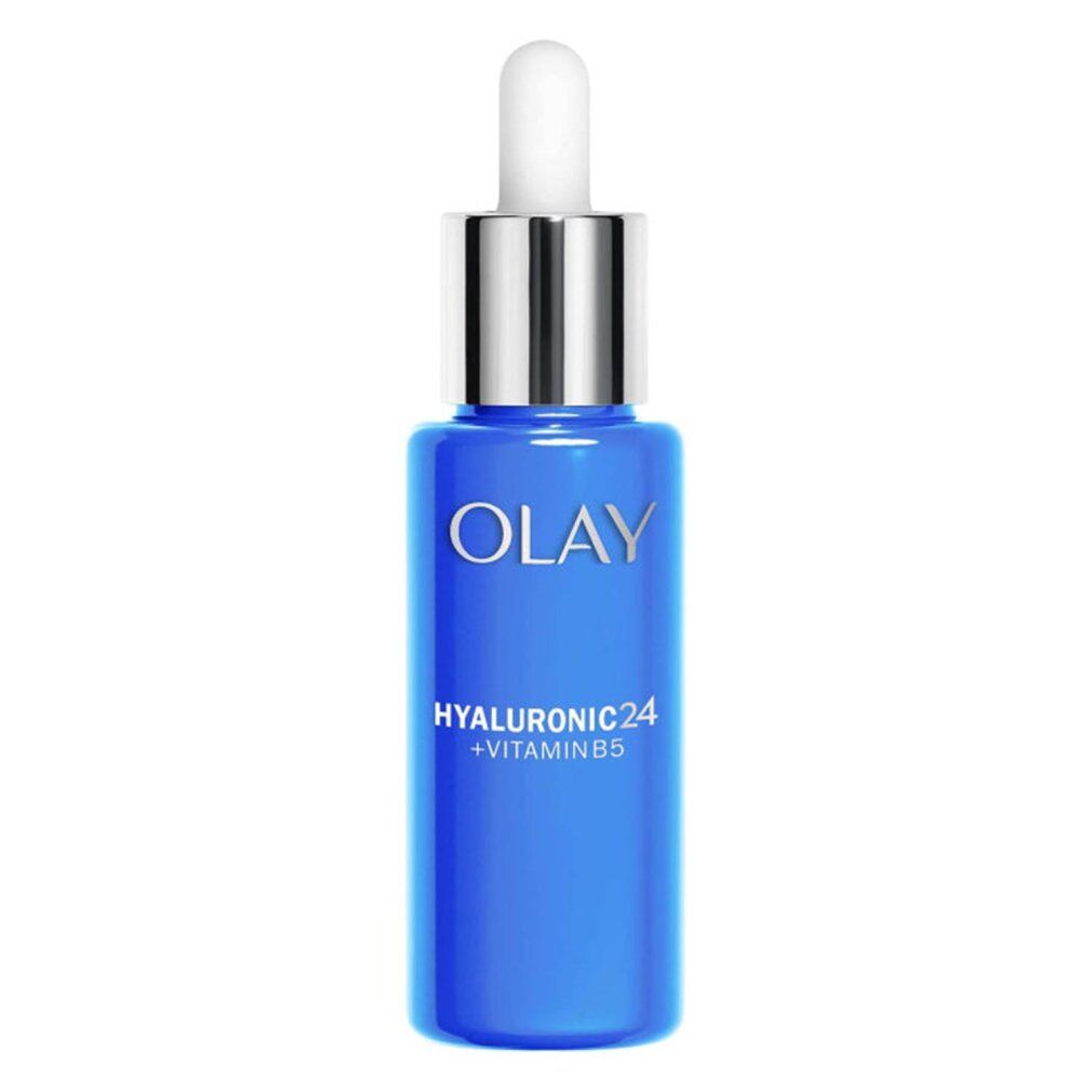 Blaue Flasche mit weißem Tropfer. Olay Hyaluronic24 + Vitamin B5 Serum. Silberner Verschluss. Aufschrift: Olay, Hyaluronic24 + Vitamin B5.