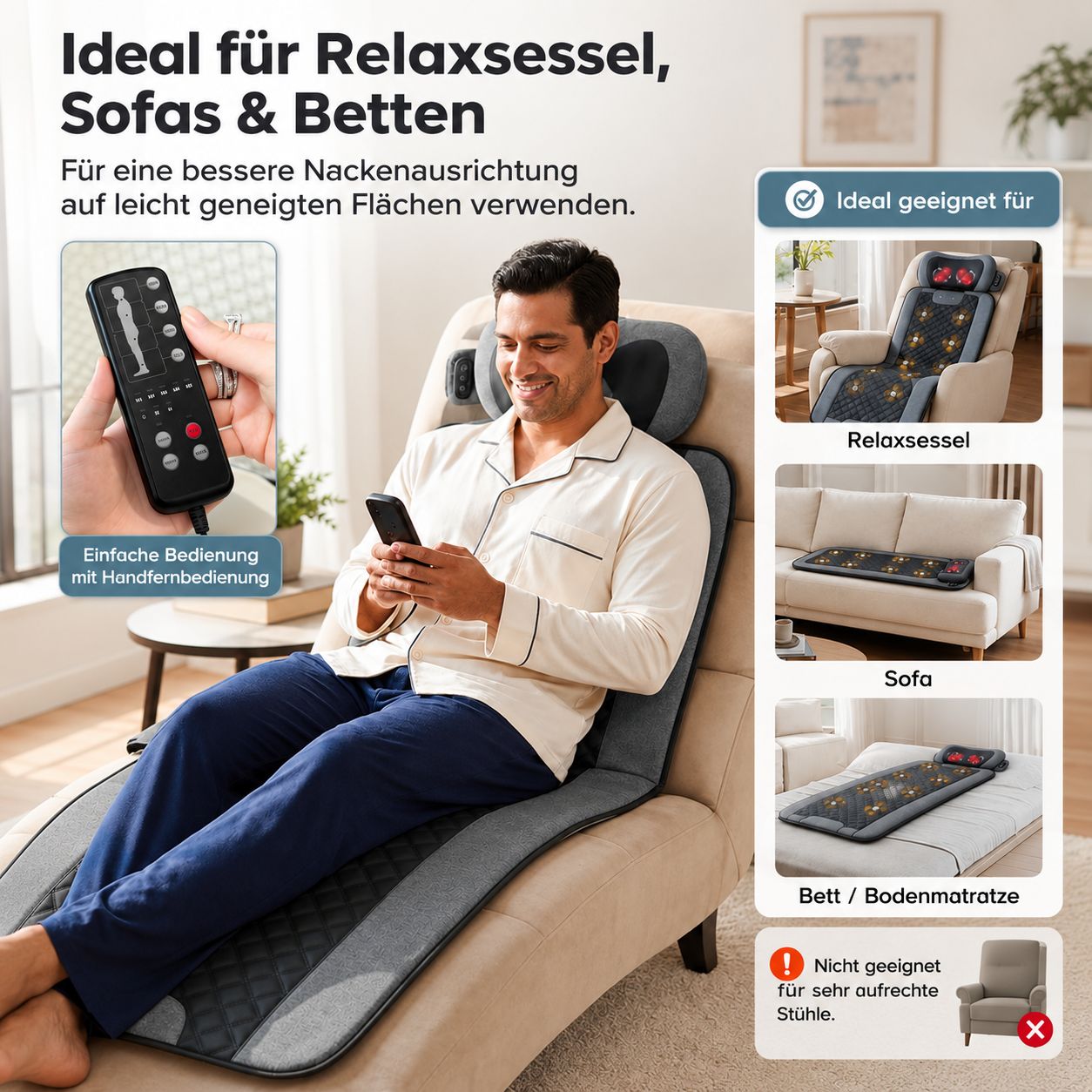 Graue Massagematte mit Nackenkissen, Fernbedienung, für Sessel, Sofa, Bett.