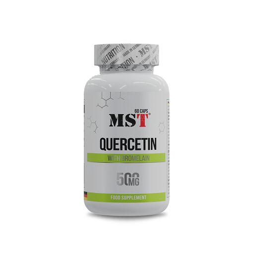 Weiße Flasche mit Kapseln. Aufschrift: MST Quercetin mit Bromelain, 500mg. 60 Kapseln. Grüner Streifen.