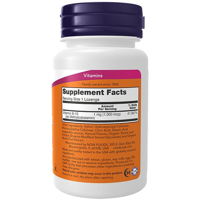 Weiße Flasche mit lila Deckel. Orangefarbenes Etikett mit Text: Supplement Facts, Vitamin B-12. Enthält 1 mg (1.000 mcg).