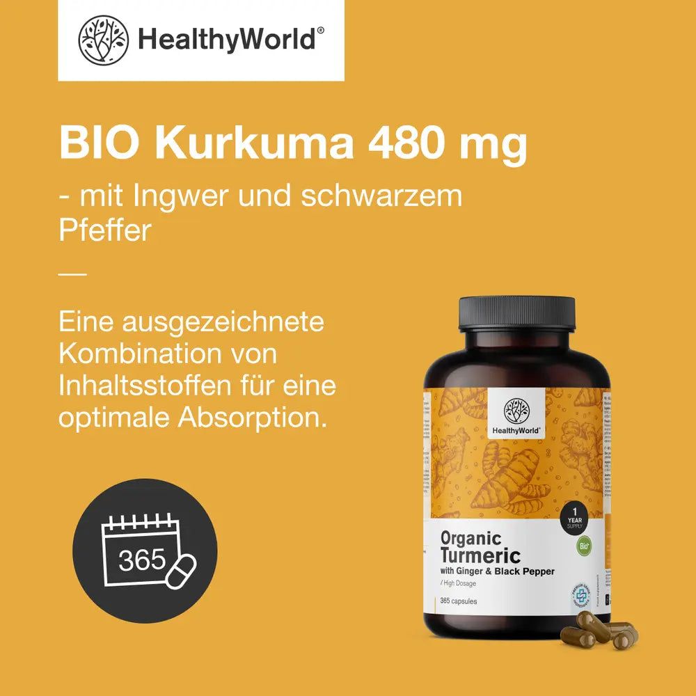 Produktabbildung mit Flasche und Kapseln. Aufschrift: BIO Kurkuma 480 mg. Logo HealthyWorld. 365 Kapseln.