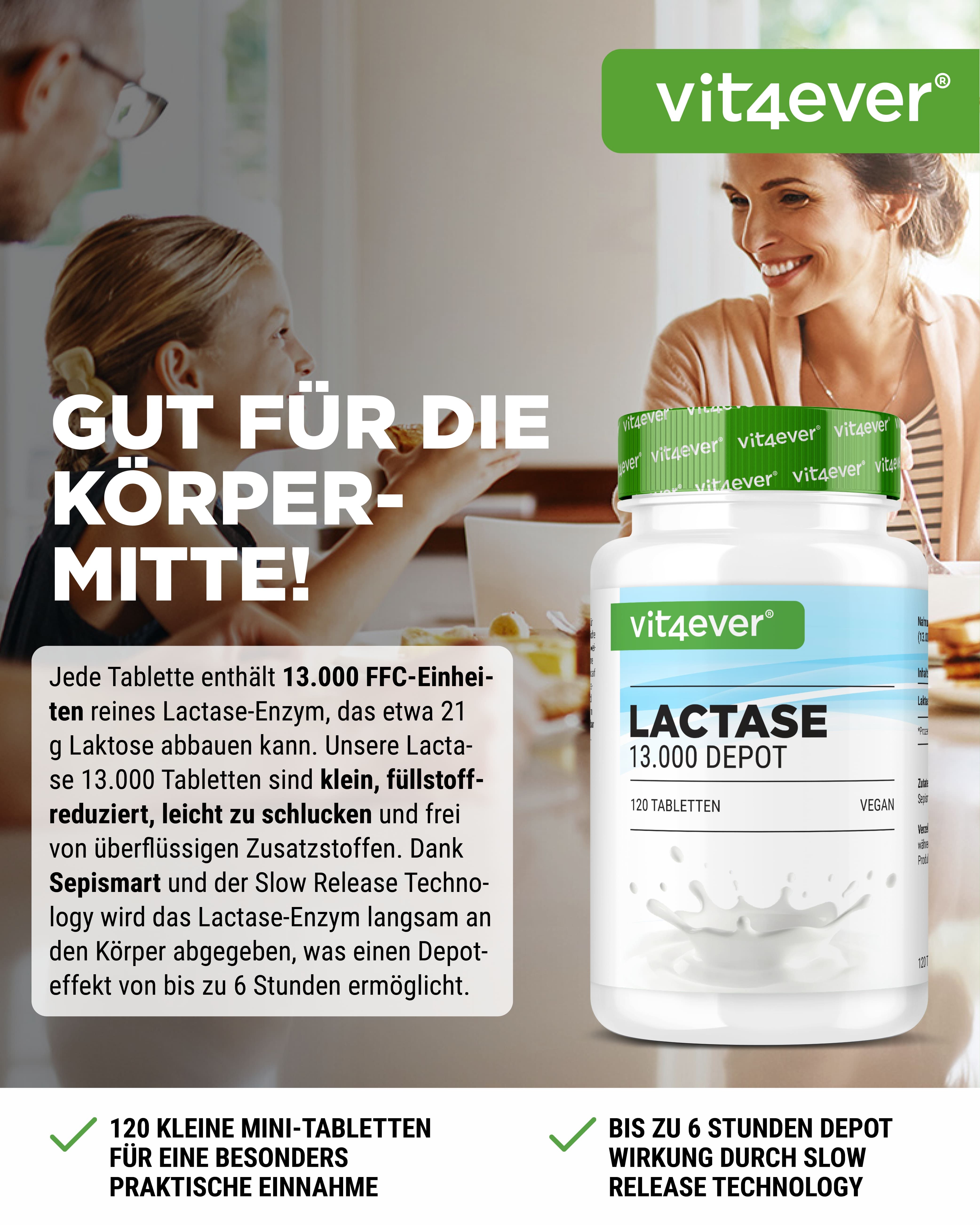 Weißes Tablettenfläschchen mit grünem Deckel. Aufschrift: Laktase 13.000 Depot. 120 Tabletten. Vegan. Im Hintergrund Personen.