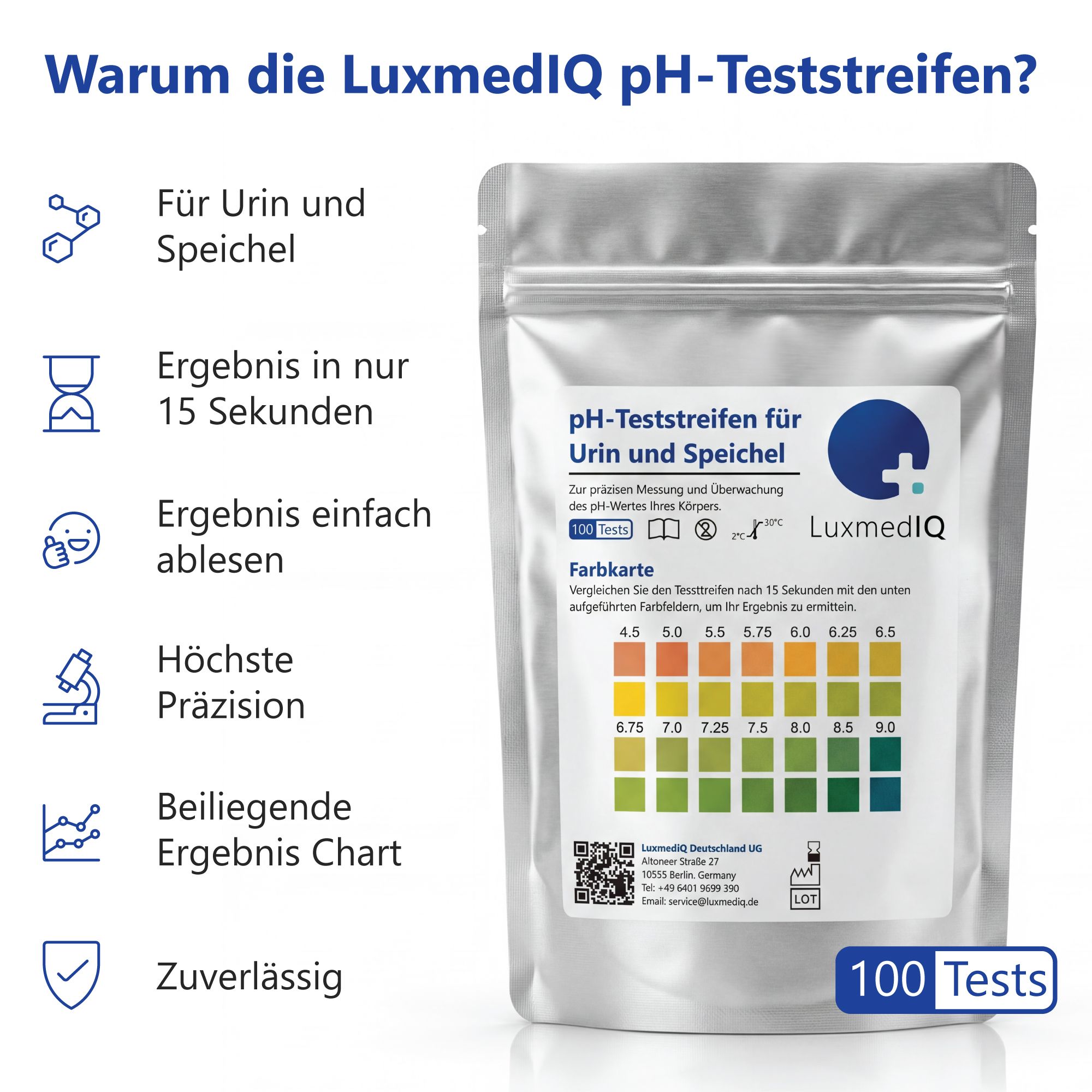 Silberfarbener Beutel mit pH-Teststreifen. Logo LuxmedIQ. Text: pH-Teststreifen für Urin und Speichel. Farbtabelle. 100 Tests. Zuverlässig.