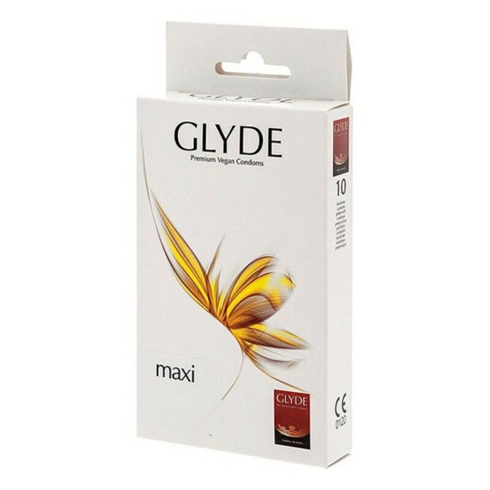 Glyde Ultra Maxi Kondom-Verpackung. Weißer Karton mit Logo, 10 Stück. Vegan. Blüte-Design.
