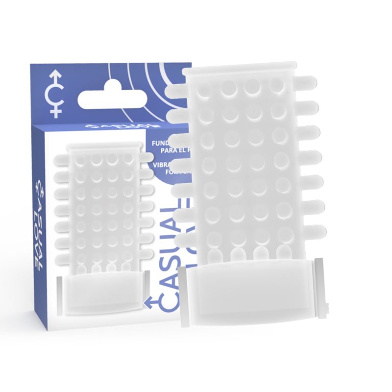 Verpackung mit zwei weißen Penismanschetten. Aufschrift 'Casual Love'. Blaue Verpackung mit Piktogrammen.