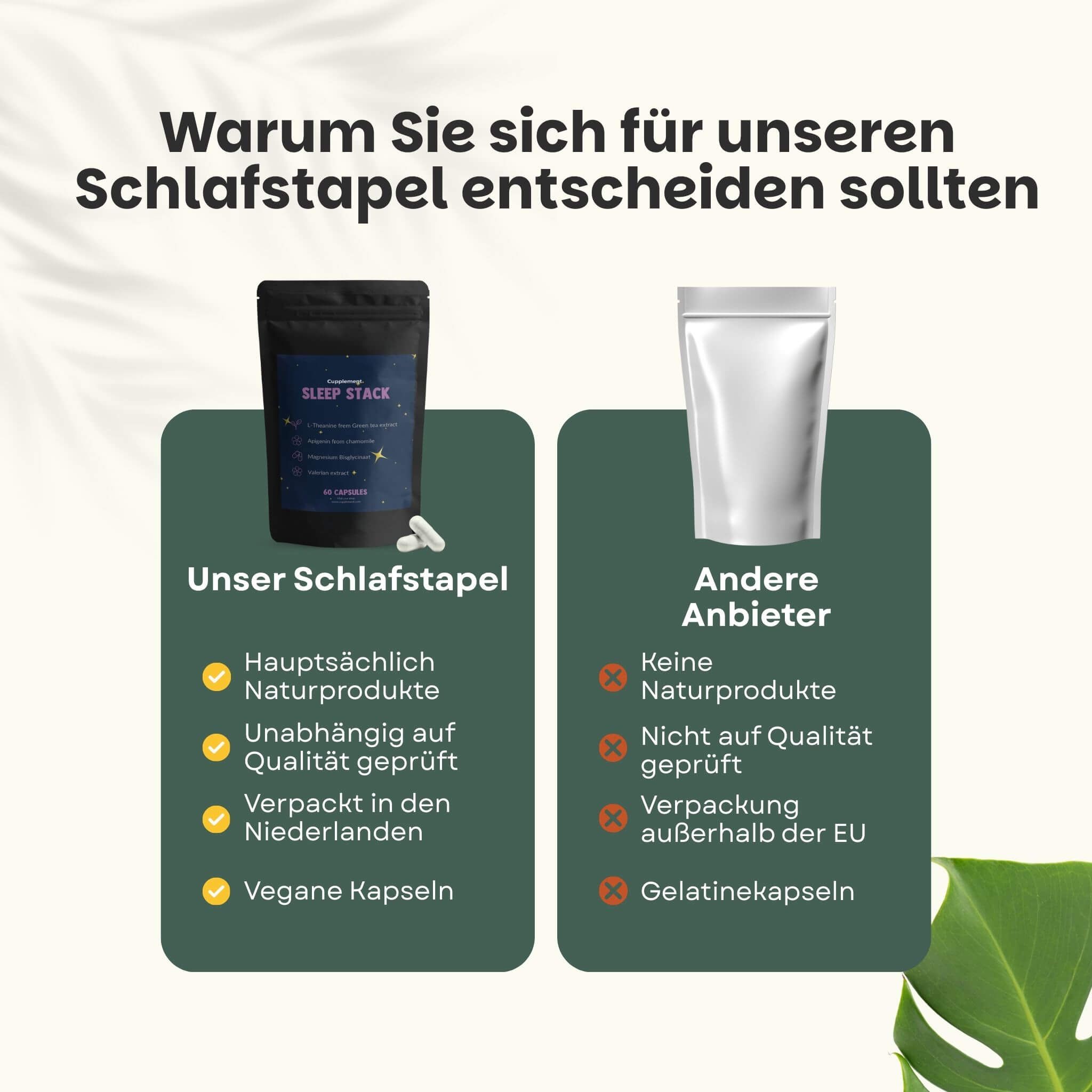 Vergleich: Unser Schlafstapel vs. Andere Anbieter. Natürliche Produkte, vegane Kapseln. Keine Gelatinekapseln.